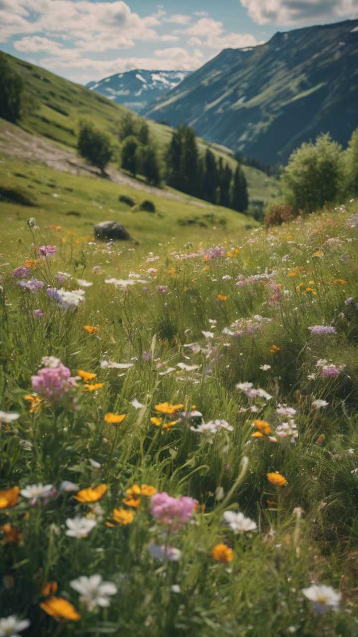 720x1280 Padang rumput asri terletak tinggi di pegunungan, dipenuhi bunga liar dan semaraknya musim semi. Wallpaper [67fbe91cd8874ce098ee] oleh Wallpaper HD