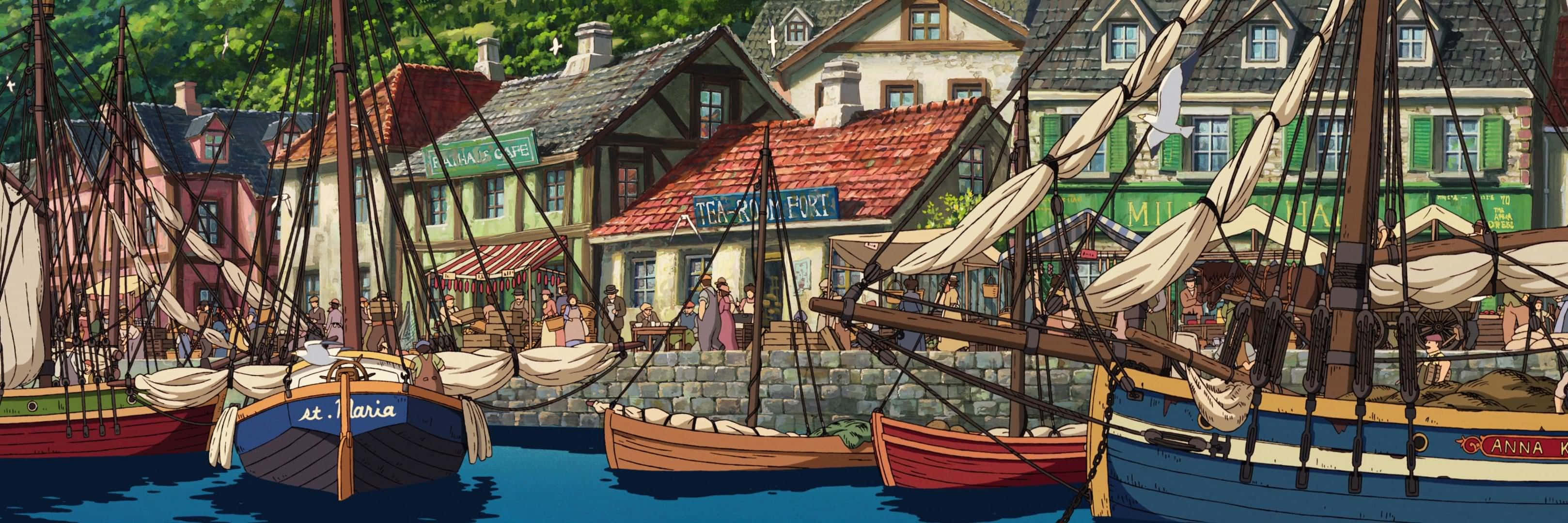3236x1080 Download Howls Moving Castle Port Town Scene Wallpaper