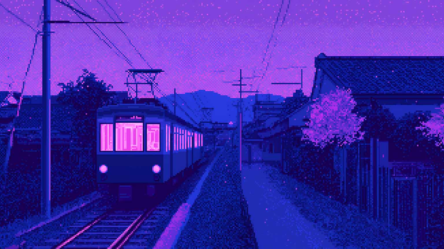 1536x864 Free Anime City at Night with a Moving Train Desktop Wallpaper