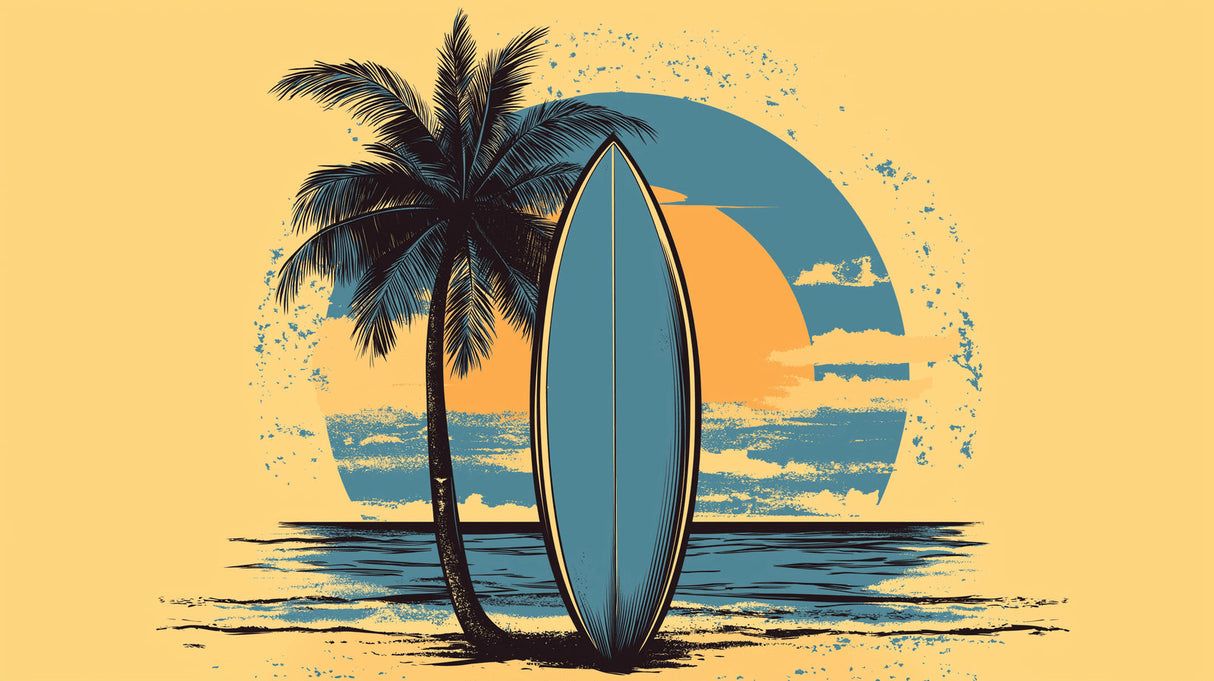 1214x681 Beach Mural Wallpaper. Vintage Surf and Palm Tree Design