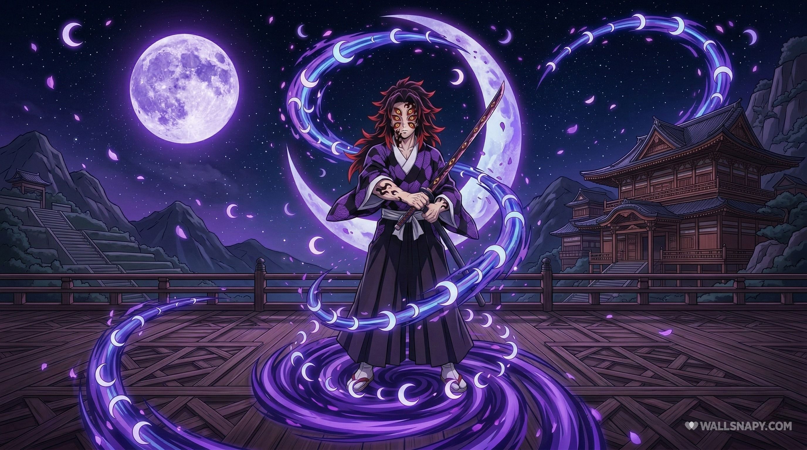 2752x1536 Kokushibo moon breathing purple aura demon slayer 4k wallpaper
