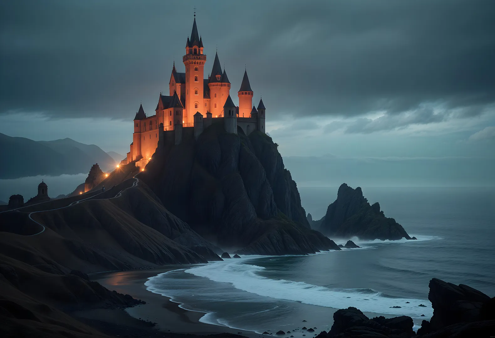 1580x1080 Fantasy royal castle on sea shore AI generated wallpaper with foggy background: Free & Premium Creative Assets