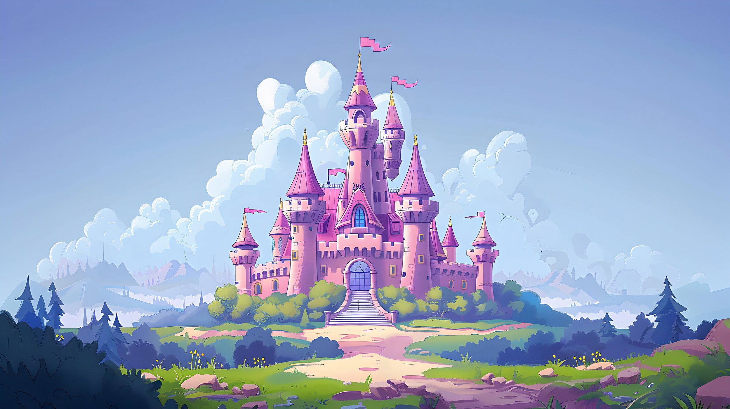 2500x1401 Pink Princess Castle Mural, Peel and Stick Nursery Dreamy Castle Wallpaper, Cartoon Style Kids Room Colorful Castle, PVC free Removable Decal &