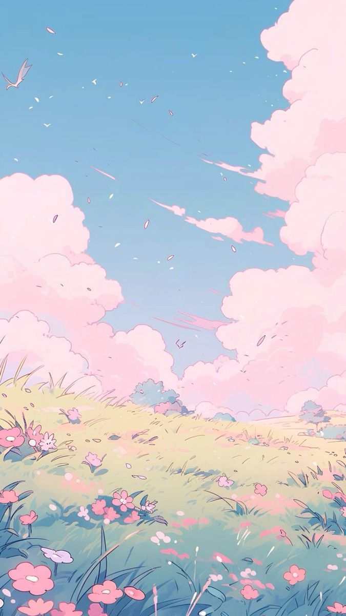 675x1200 Pretty Anime Background with Pink Flowers and Clouds. Cute scenery background, Cute sky background, Pastel wallpaper landscape
