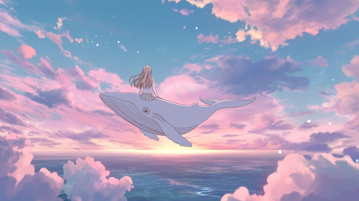1200x673 Whimsical Flying Whale Anime Mural Wallpaper