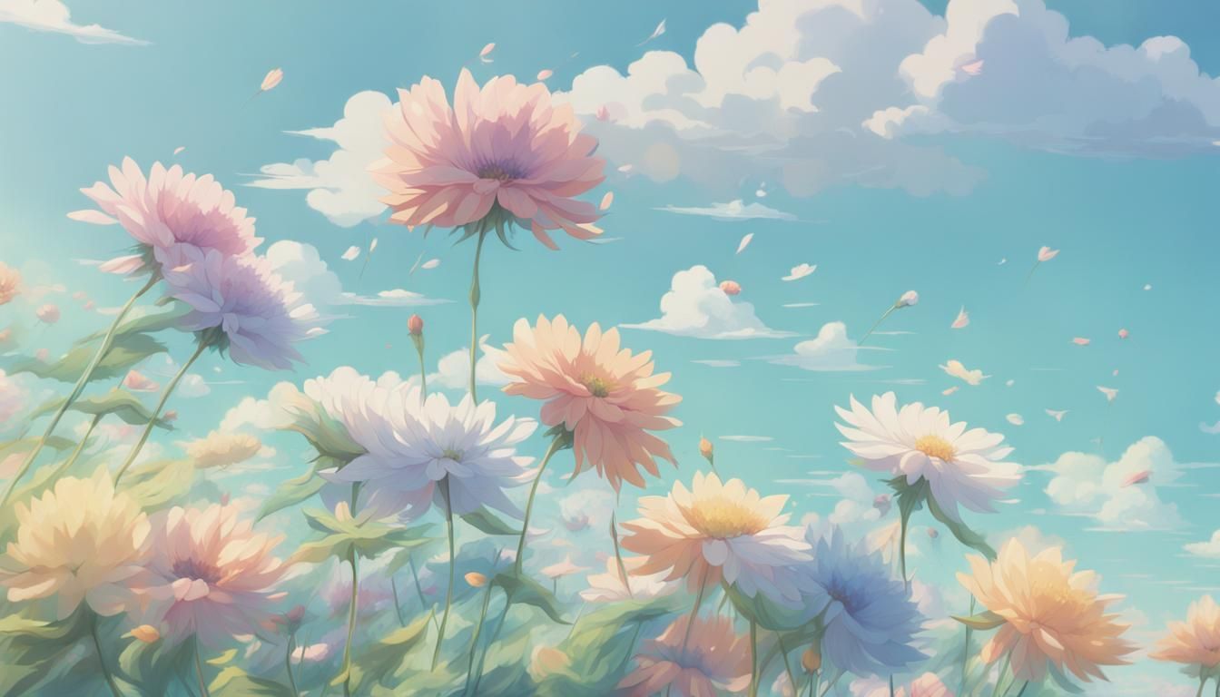 1344x768 Pastel Flowers in Wind: Studio Ghibli Anime