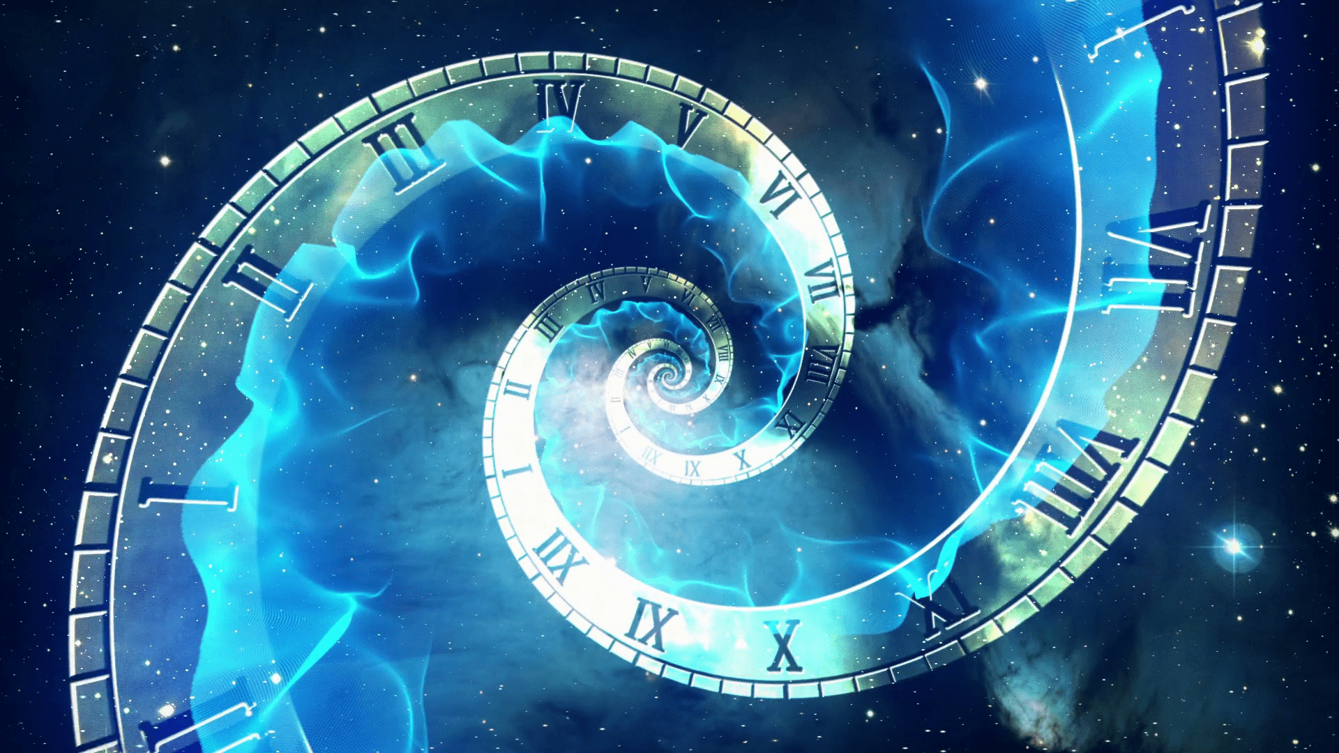 1920x1080 Infinity Clock. Version 2. Blue Energy. Infinite Zoom in of Cosmic Clock with Roman Numerals. Abstract Time Travel Conceptual Spiral Sci fi Fantasy Video Background
