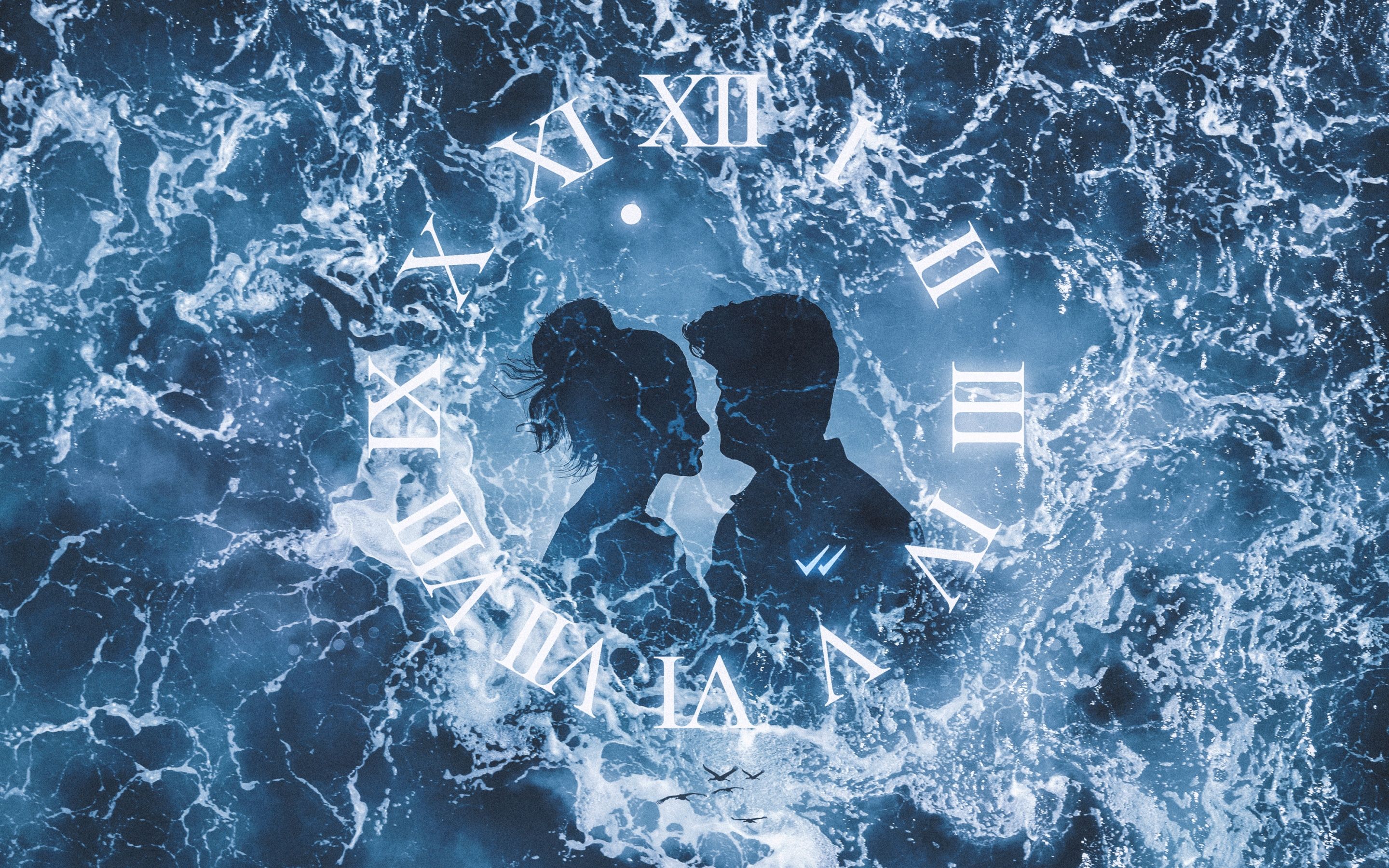 2880x1800 Couple Wallpaper 4K, Clock, Ocean, Surreal