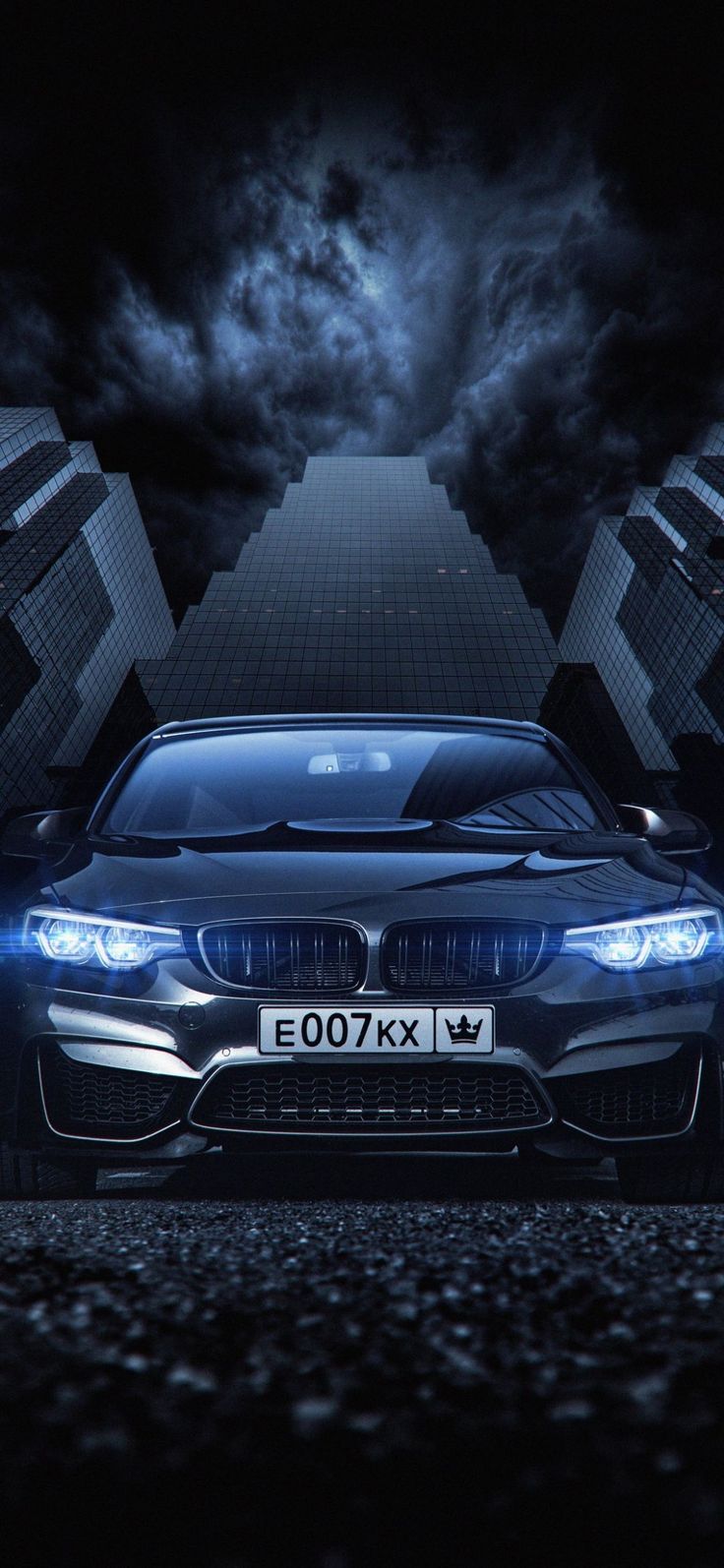 736x1594 Blue BMW Car Parked in Front of Tall Building. Black luxury car night, Futuristic car