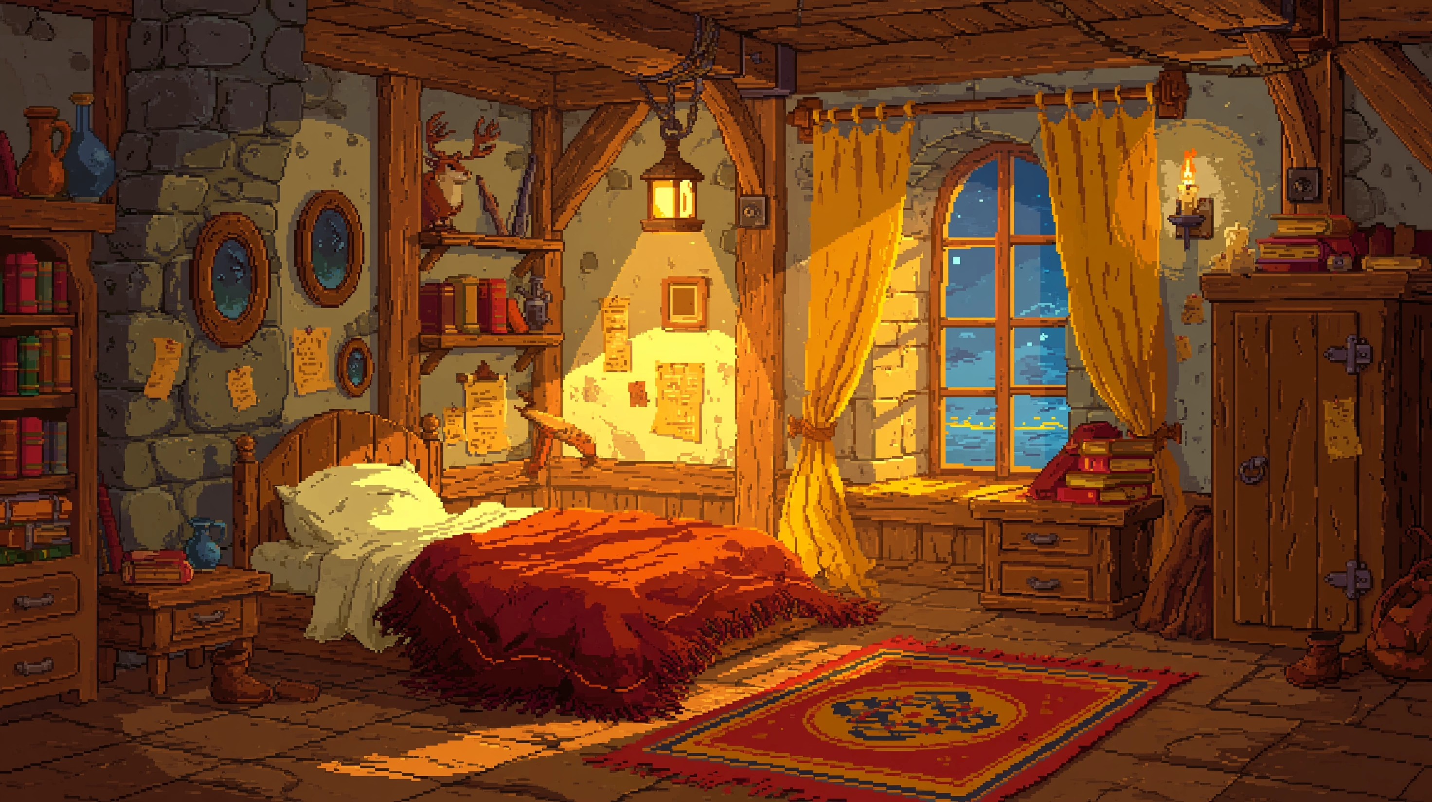 2944x1648 Pixel art room with bed and window Wallpaper 2K 2560x1440