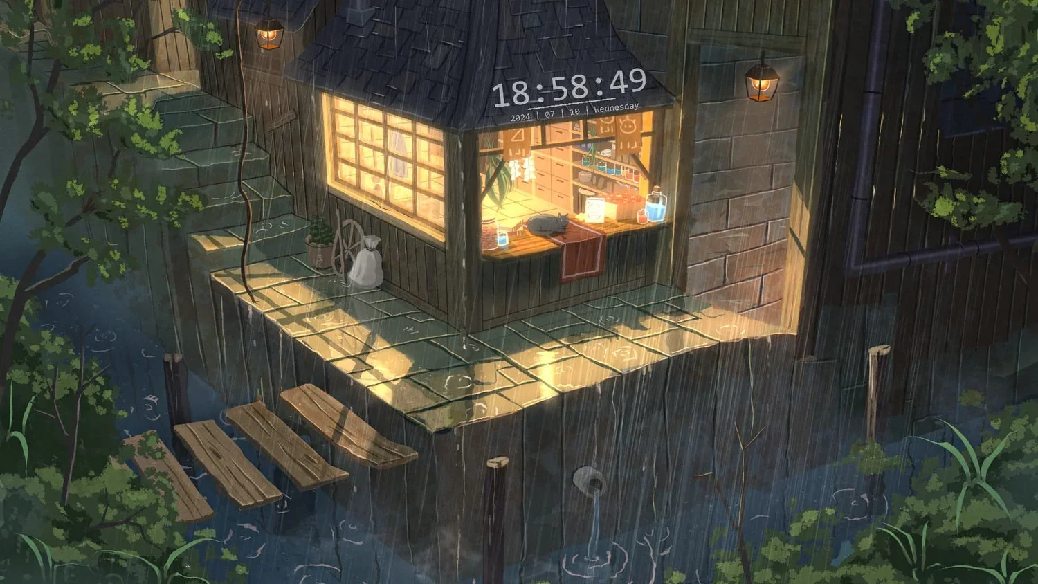 1500x844 Cozy Lo Fi Shop Rainy Evening Wallpaper