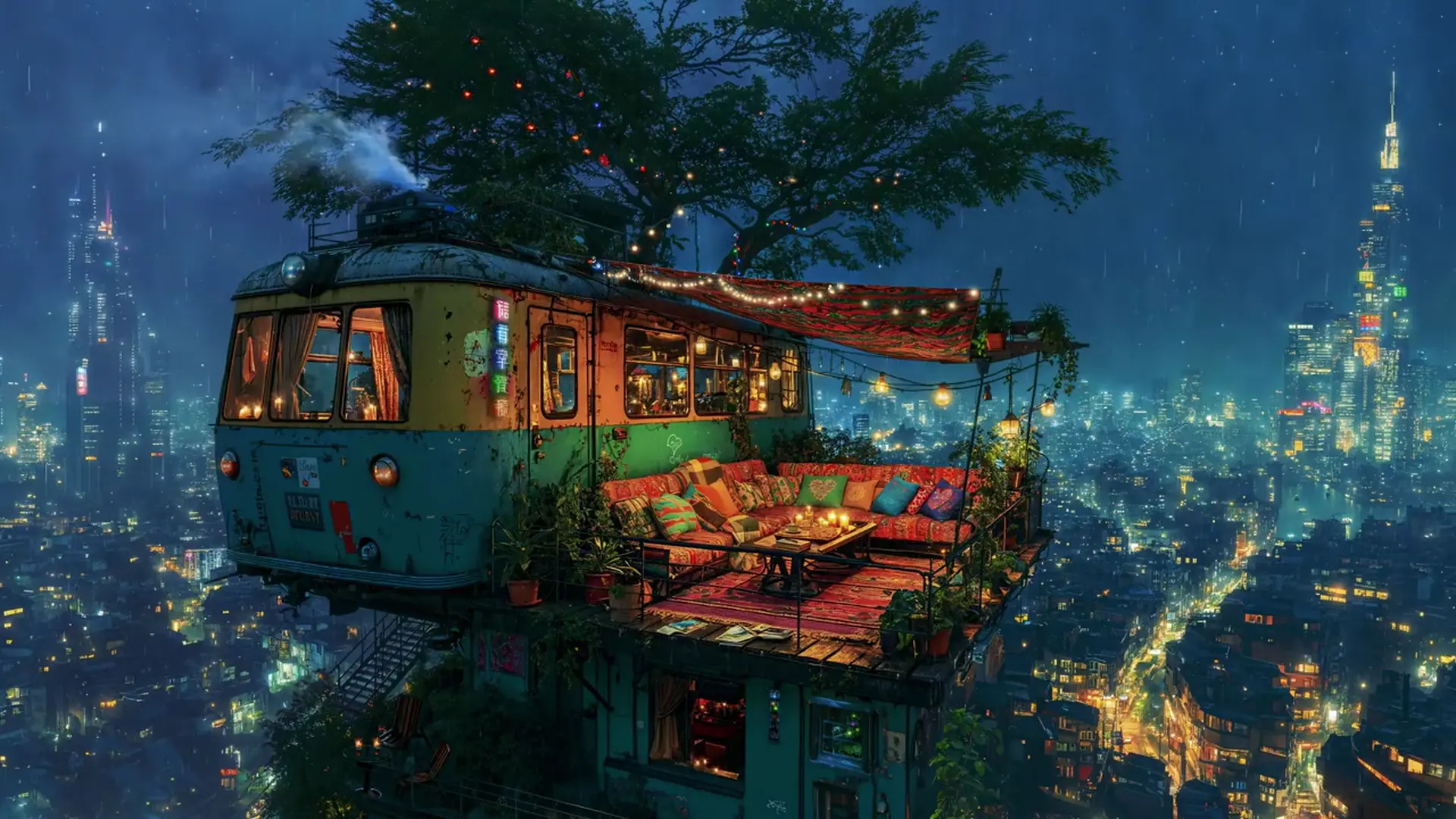 1920x1080 Cozy Lo Fi Treehouse Live Wallpaper. Rainy Night City View