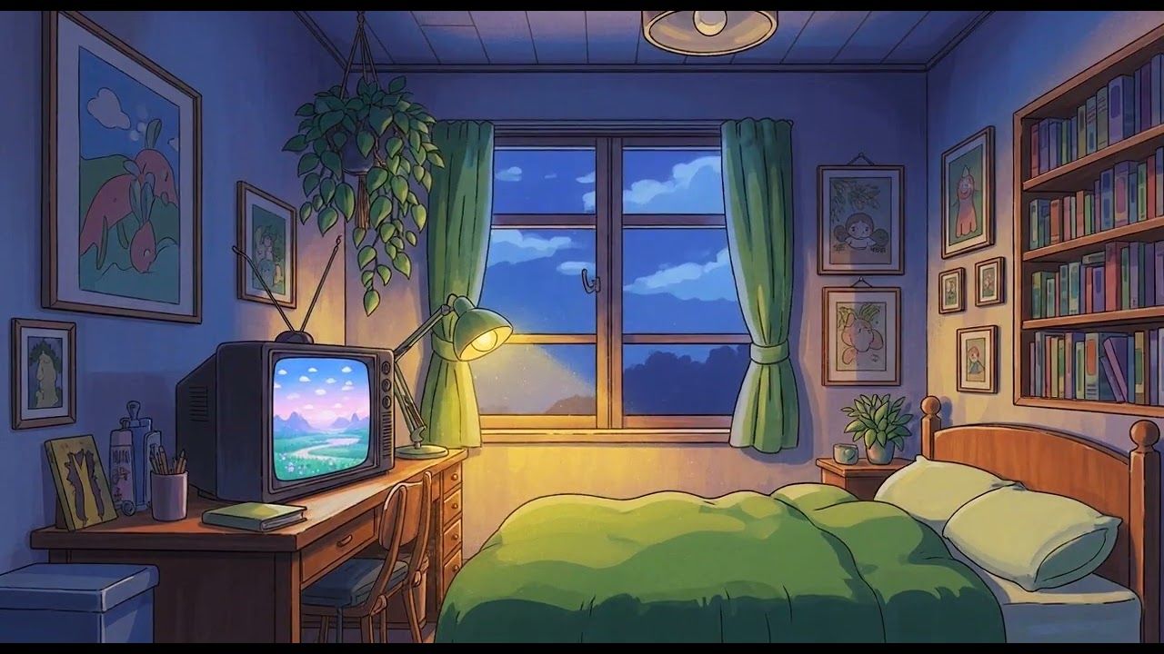 1280x720 Warm Room Lofi Rain Outside, Calm Beats Inside