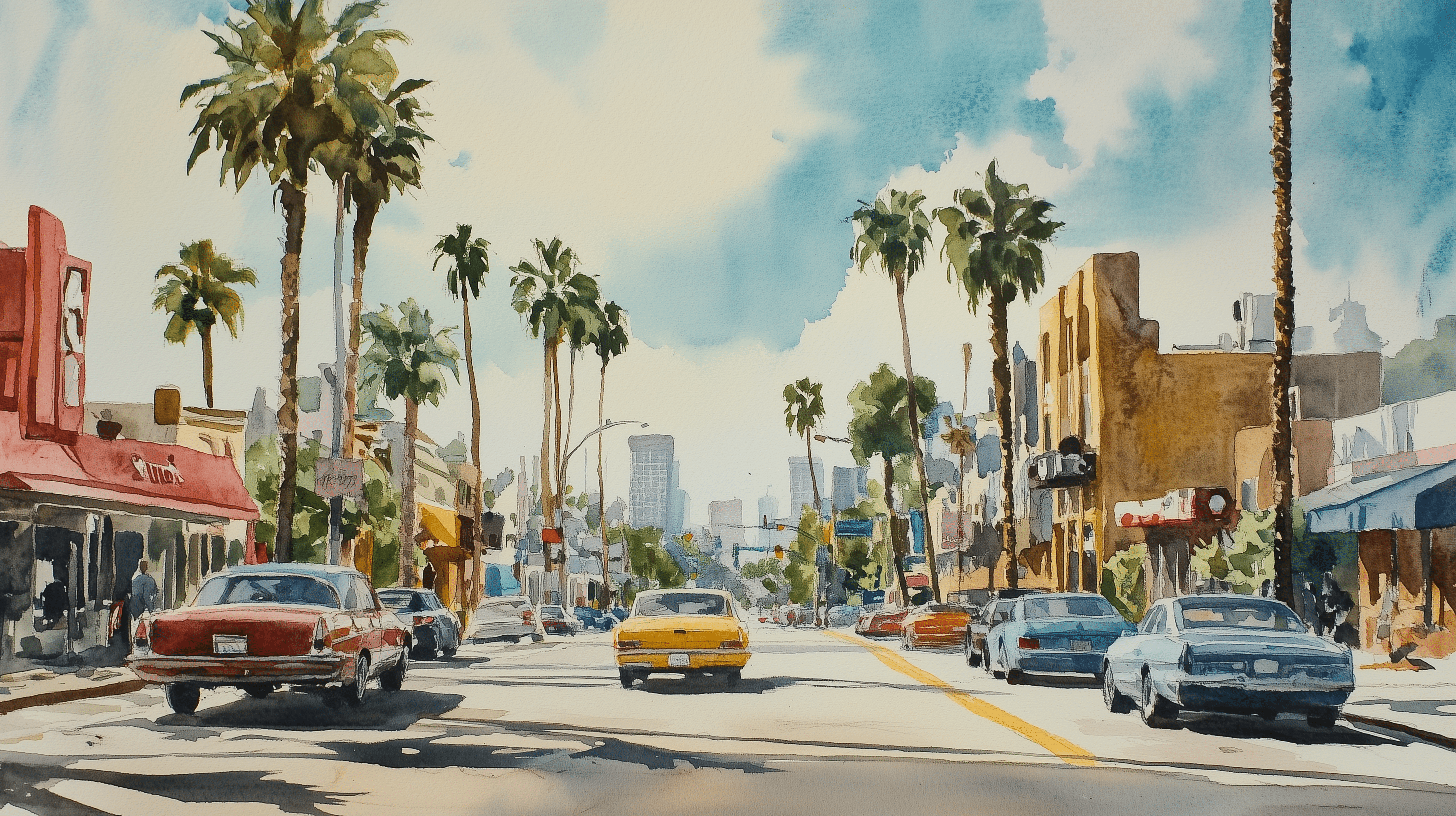 2912x1632 Los Angeles 60th Wallpaper, Peel and Stick Retro Cars in California, Watercolor Los Angeles Street Old Photo Wallpaper & stick / 94.5 W x