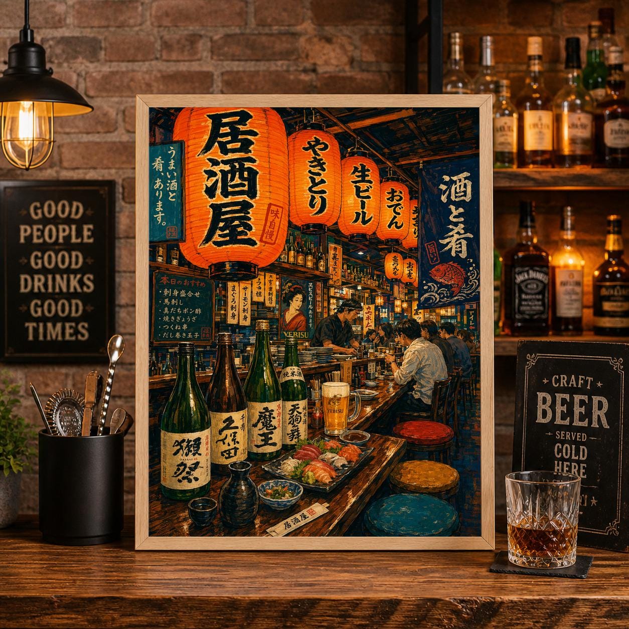 1254x1254 Tokyo Izakaya Bar Poster, Japanese Cocktail Bar Art, Asian Decor