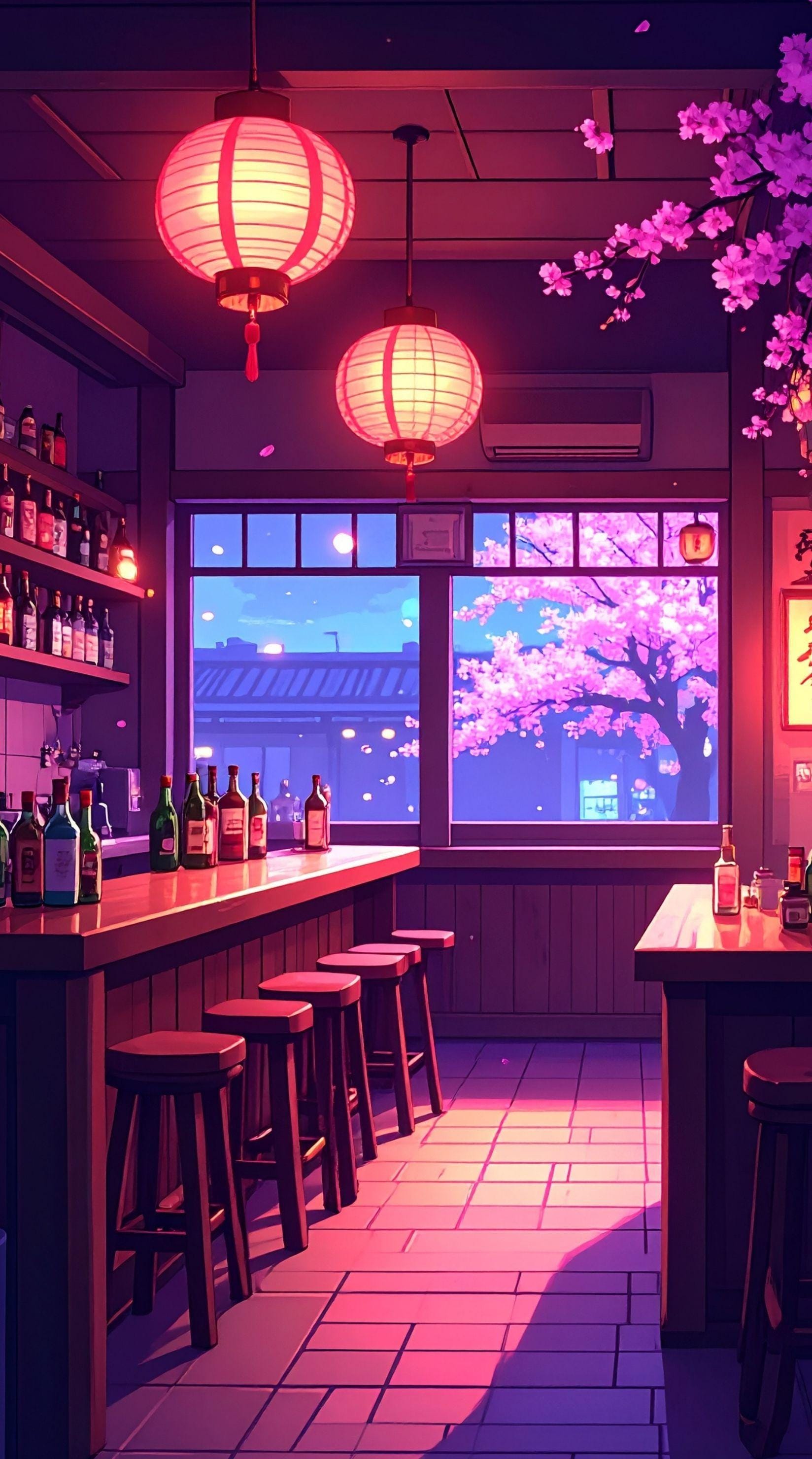 1648x2960 Cozy Anime Bar Wallpaper