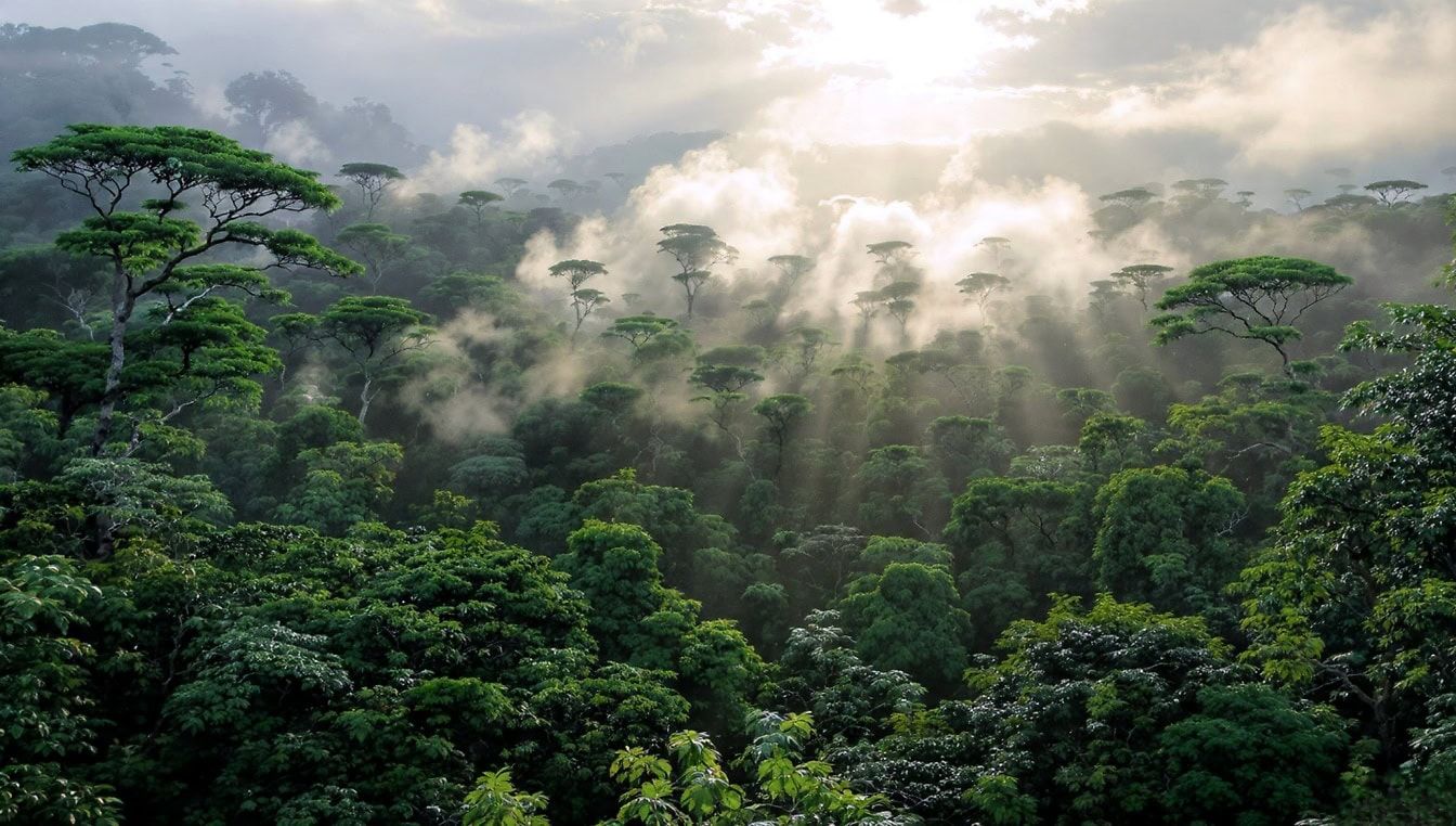 1344x762 Free picture: The Amazon rainforest, aerial of the largest tropical rainforest with fog and sun rays