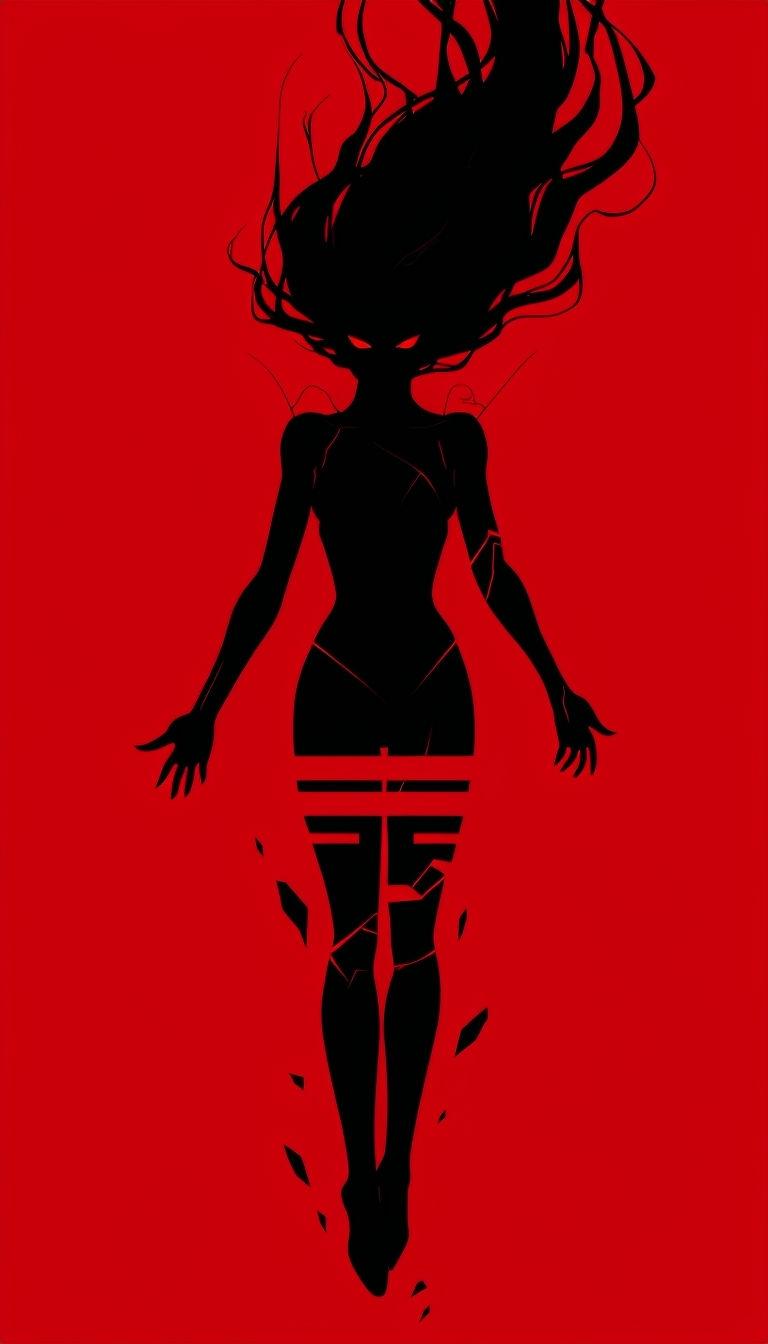 768x1344 Eerie Black Silhouette of Female Figure on Vivid Red Background Mobile Wallpaper