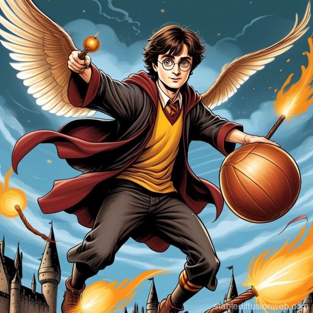 1024x1024 Harry Potter Flying on Broom during Quidditch Match. Stable Diffusion Online