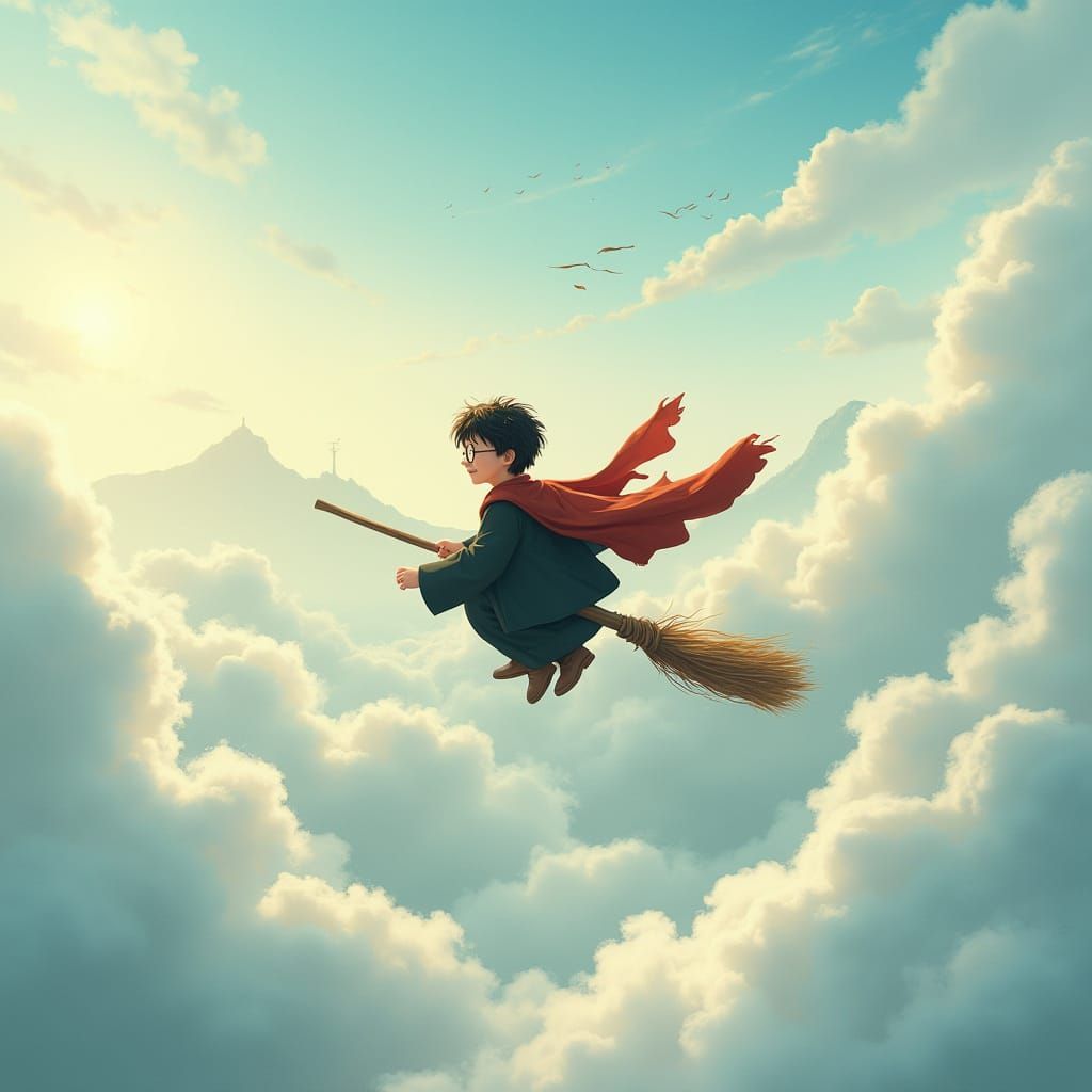 1024x1024 Create Ghibli style art where Harry Potter flies with his broom