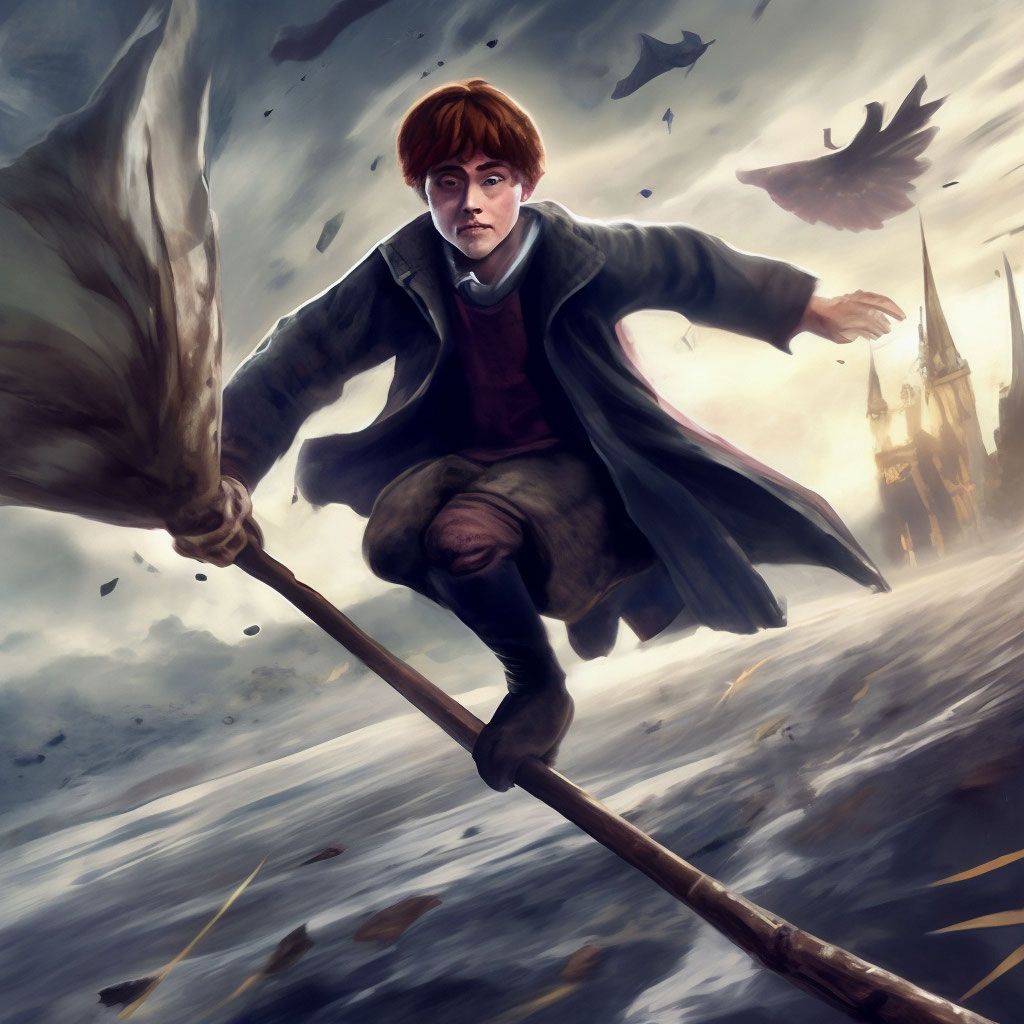 1024x1024 Harry Potter on a broom catches a snitch without holding hands on a broom