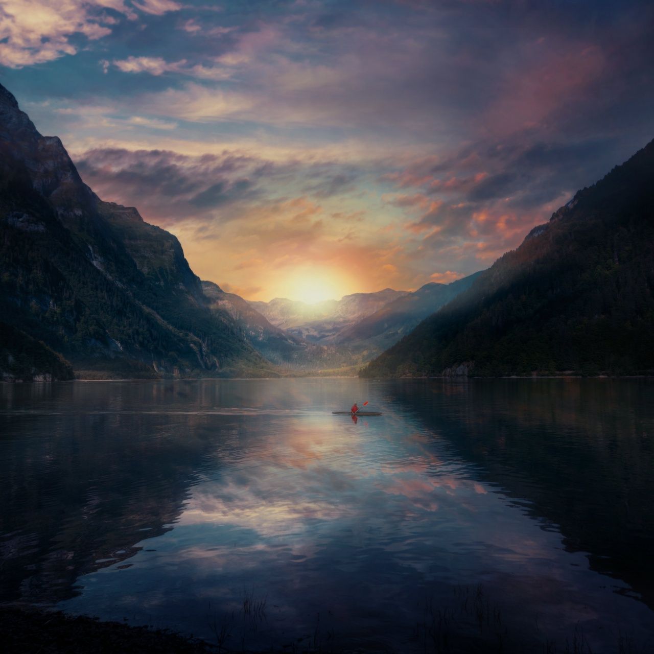 1280x1280 Sunrise Wallpaper 4K, Alone, Mountains, Morning