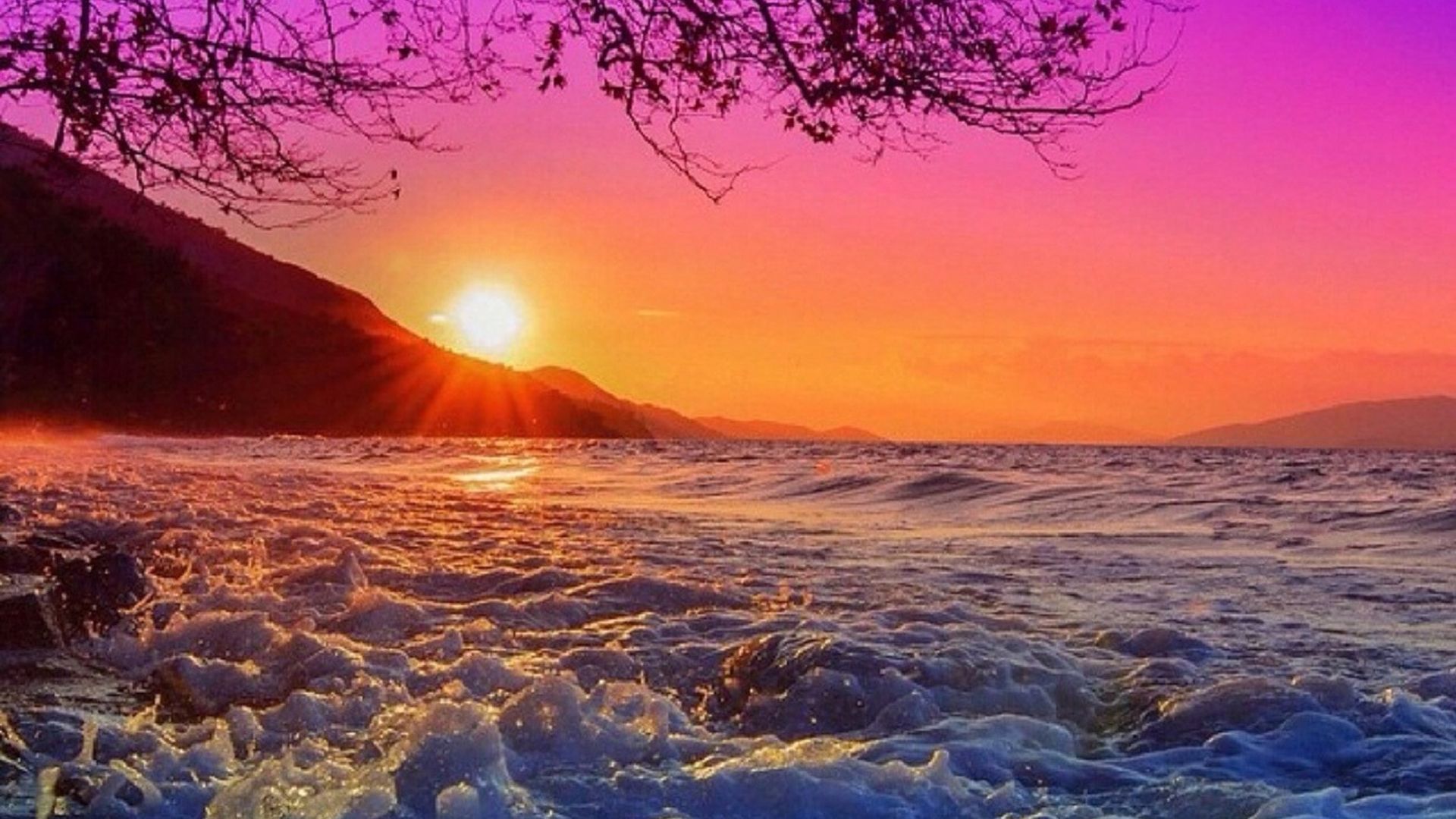 1920x1080 Beautiful Sunrise Reflection On Mountains Ocean Waves HD Nature Wallpaper