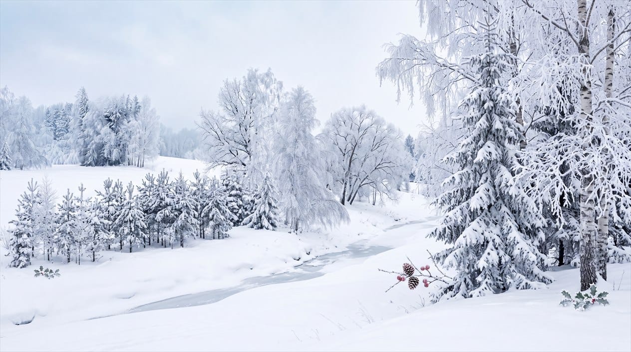1264x705 Custom White Winter Forest Wallpaper Mural Non Woven For Hallway