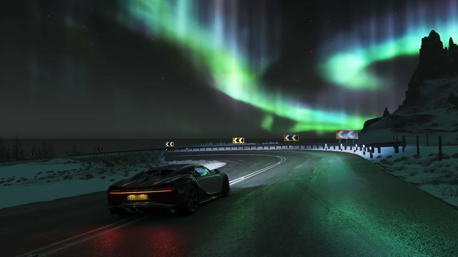 1920x1080 Download a car driving down a road with the aurora lights in the sky Background