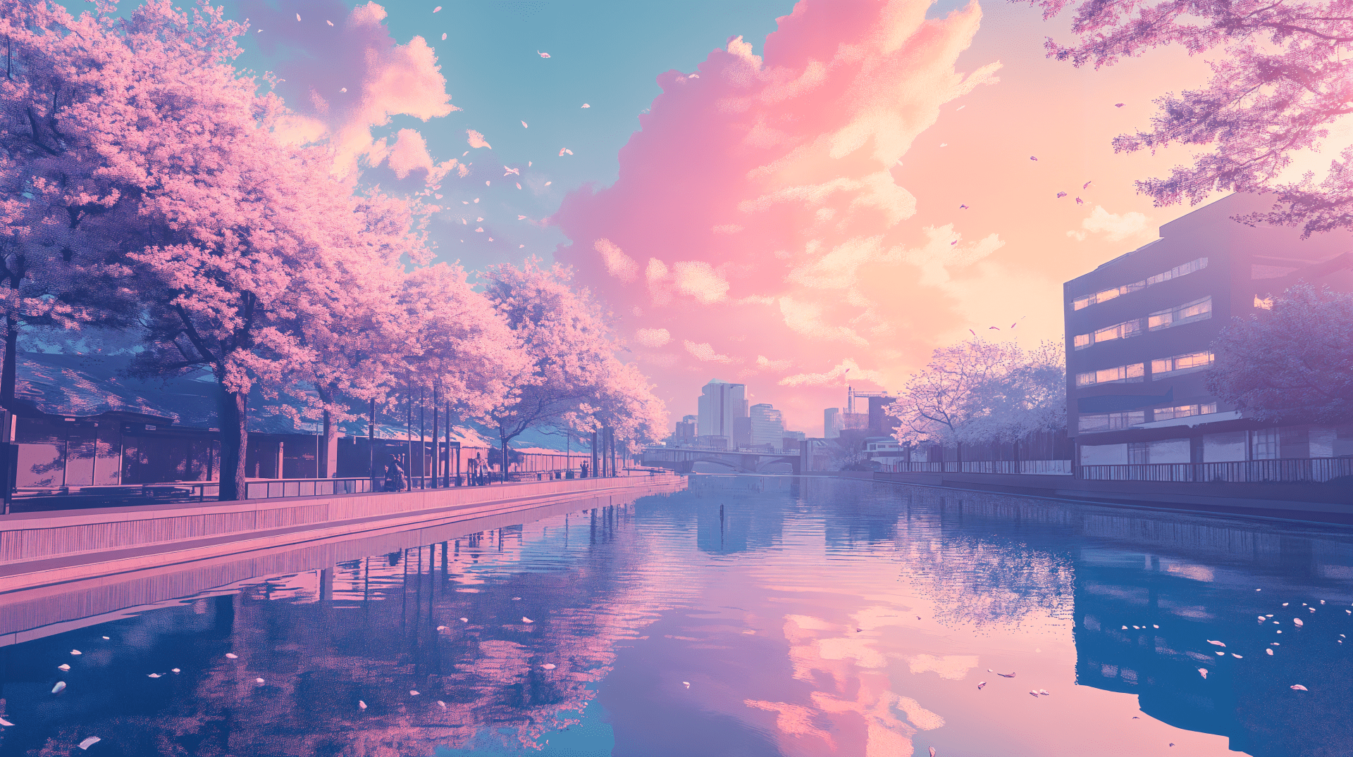 1920x1075 Pastel Dreams: Anime City Reflections in 4K Ultra HD Wallpaper