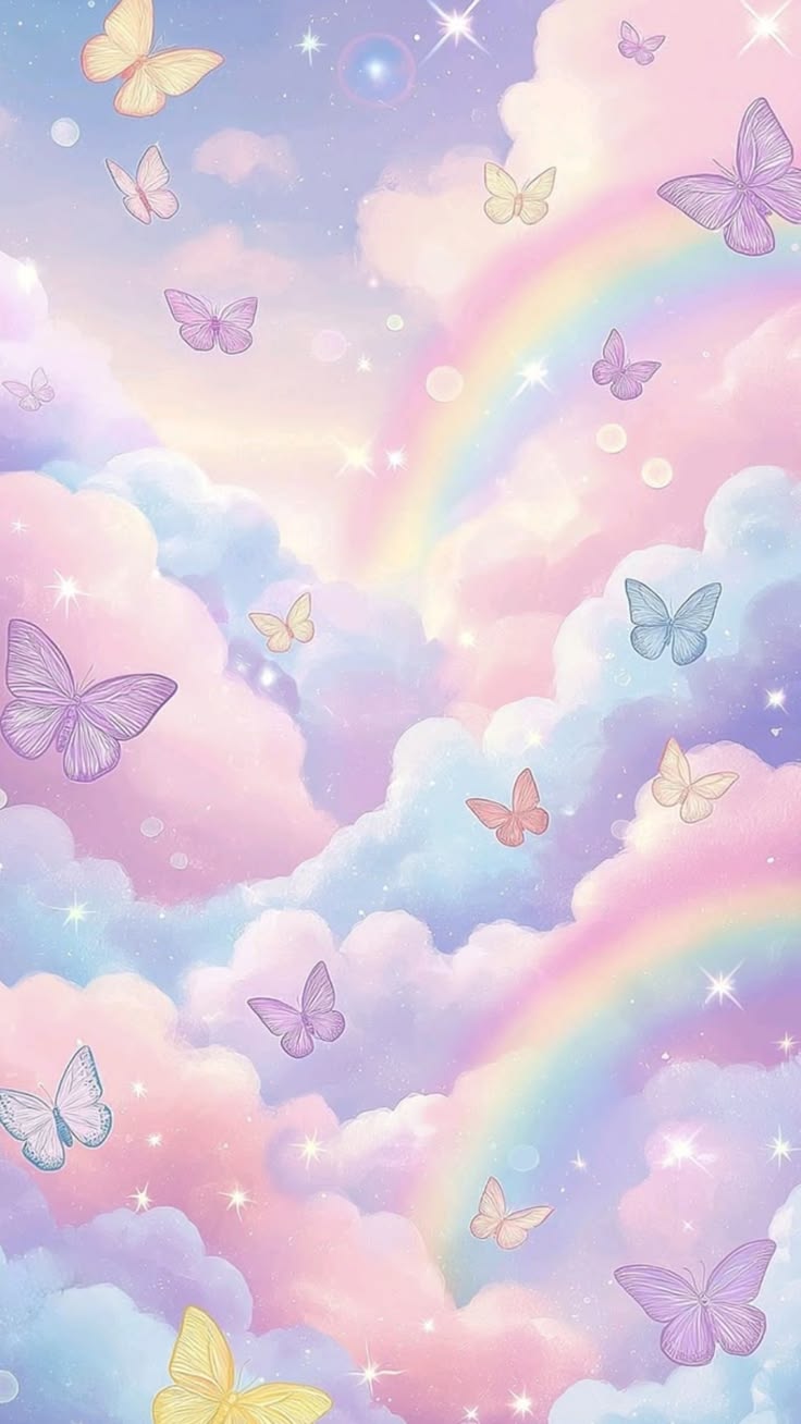 736x1308 Aesthetic pastel wallpaper with rainbow and clouds. Rainbow and butterflys wallpaper, Classroom subject labels, Dream