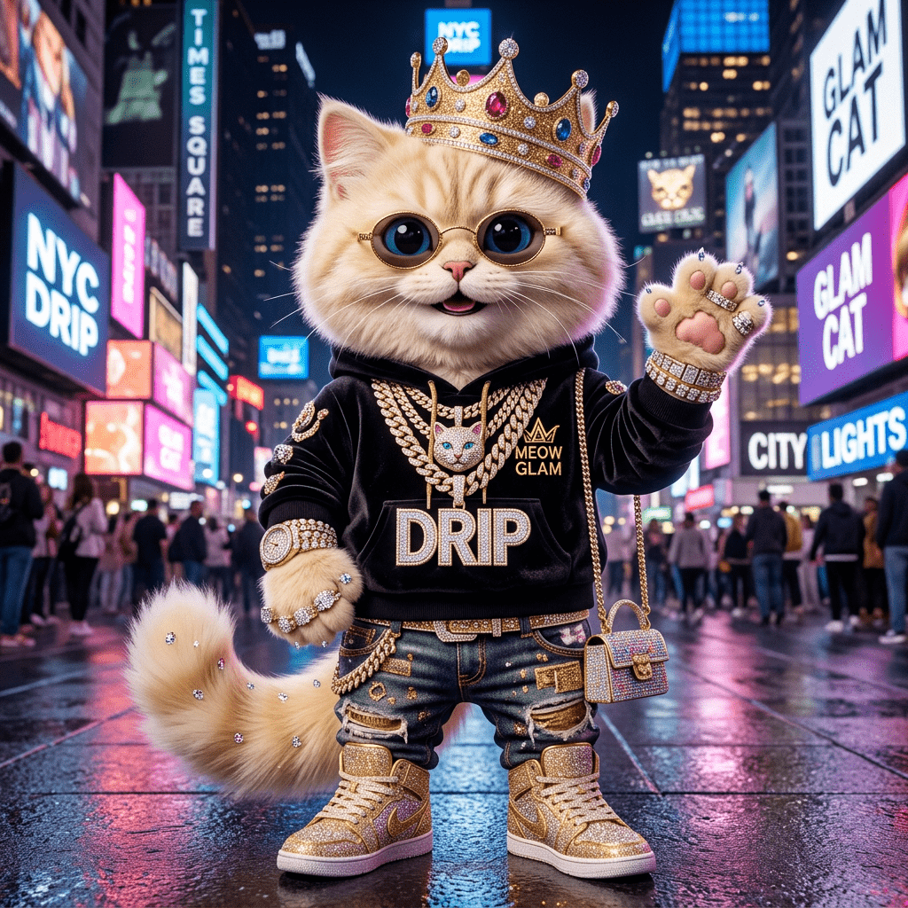 1024x1024 Adorable Cat Mascot With Jewels & Drip. AI Art Generator. Easy Peasy.AI