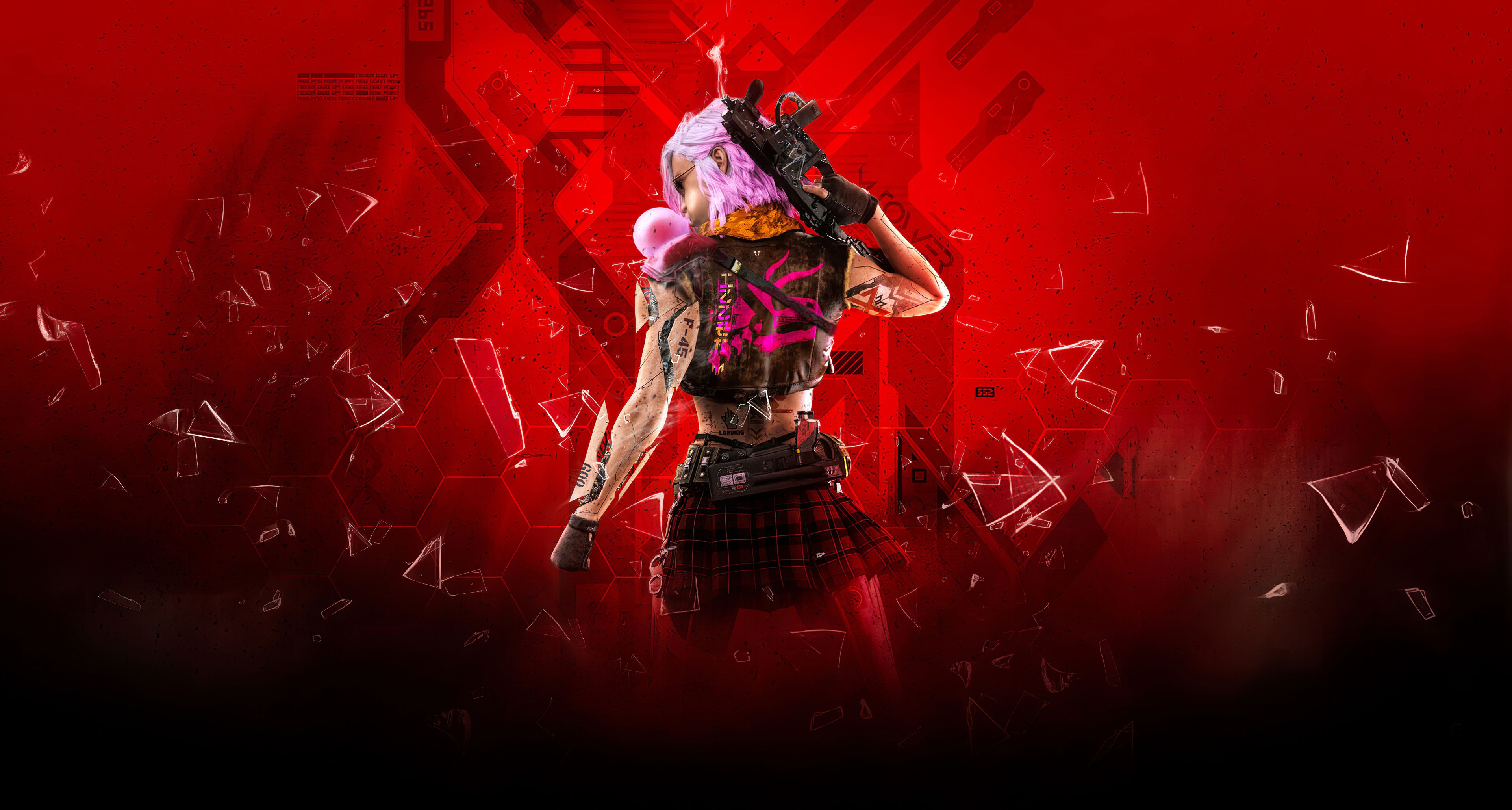 3840x2056 Desktop wallpaper: Cyberpunk, Sci Fi, Pink Hair, Weapon, Woman Warrior 4K free download for PC. 974096