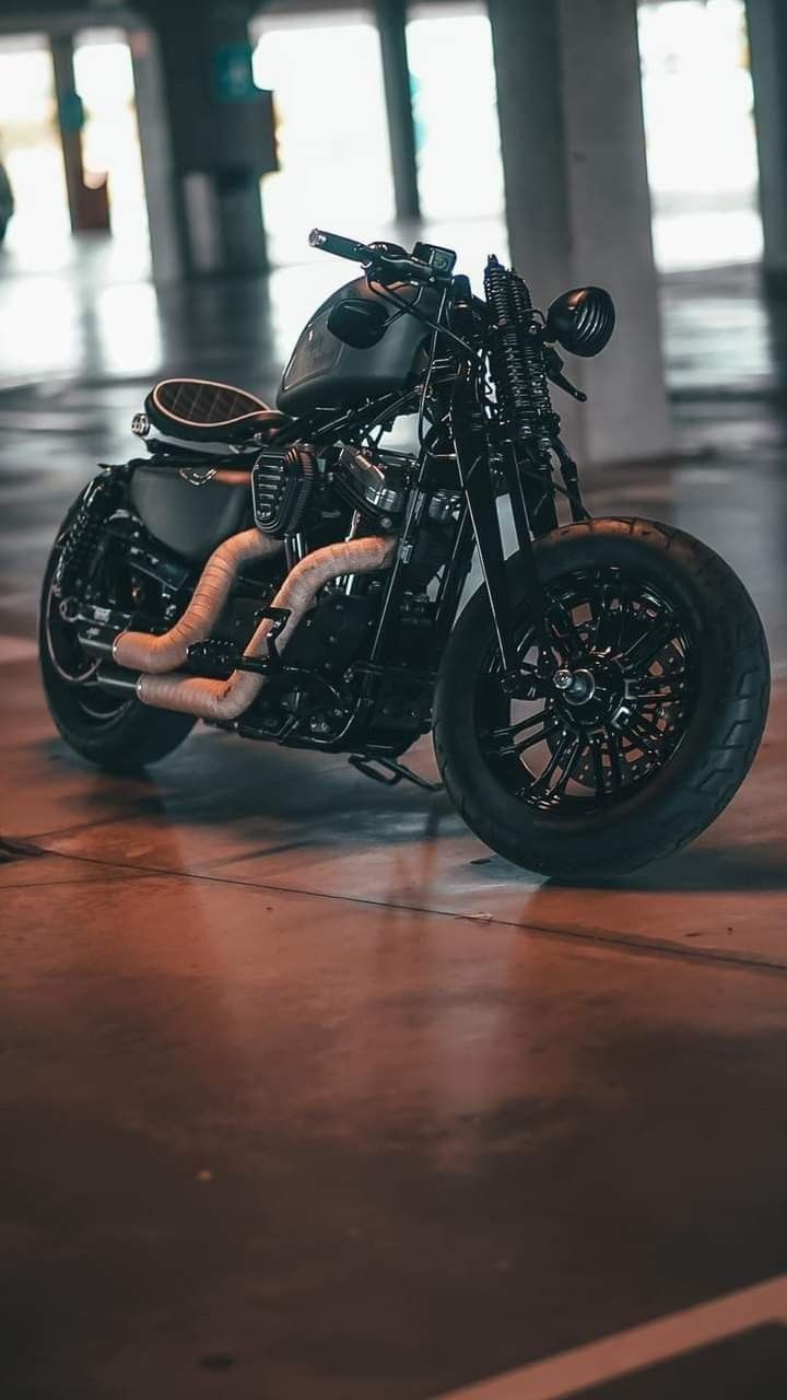 720x1280 Custom Bobber Motorcycle In An Empty Parking Lot. Bobber Motorcycle Wallpaper, Black Motorcycle Close Up, Harley Sportster 883