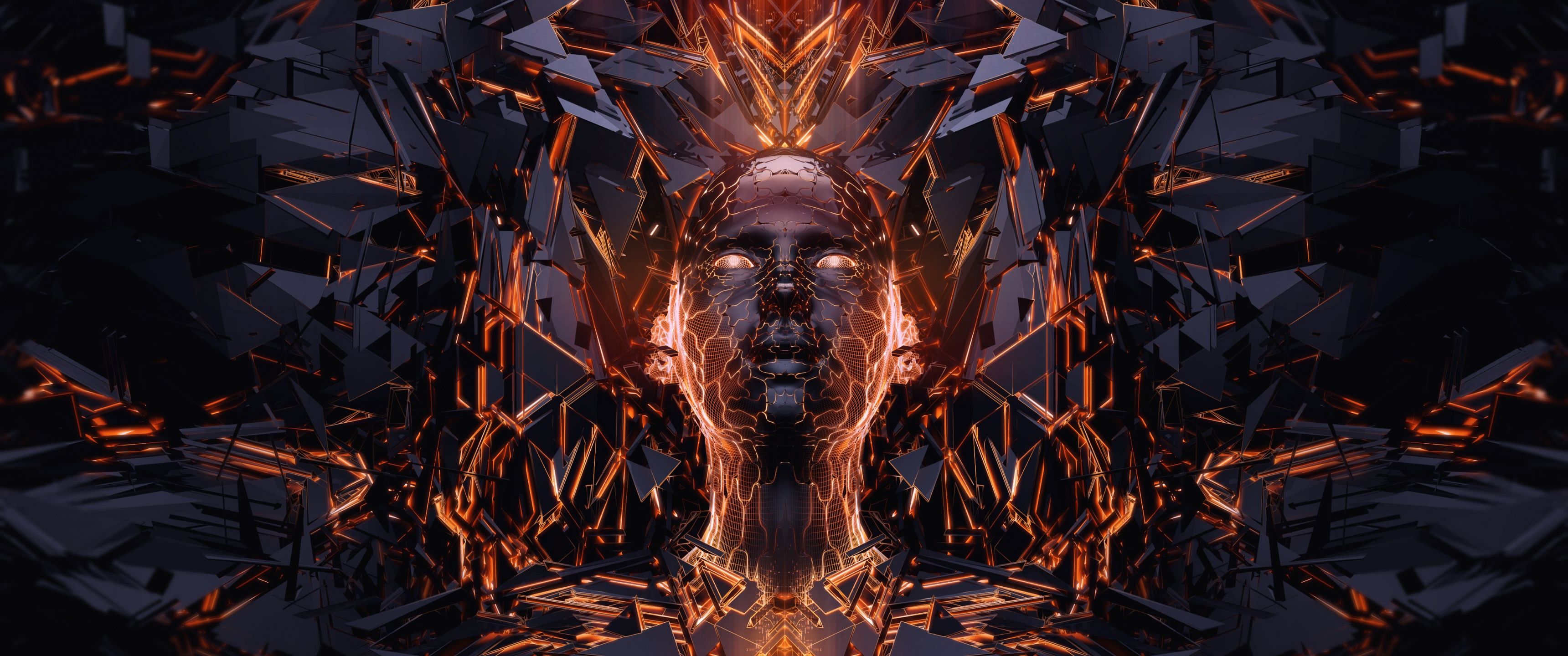 3440x1440 Fire Wallpaper 4K, Girl, Particles, Polygons