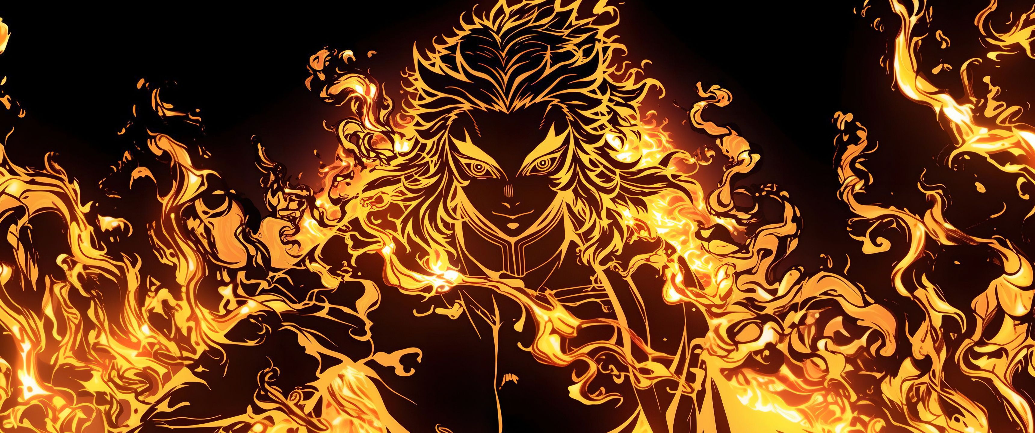 3440x1440 Kyojuro Rengoku Wallpaper 4K, Fire effect