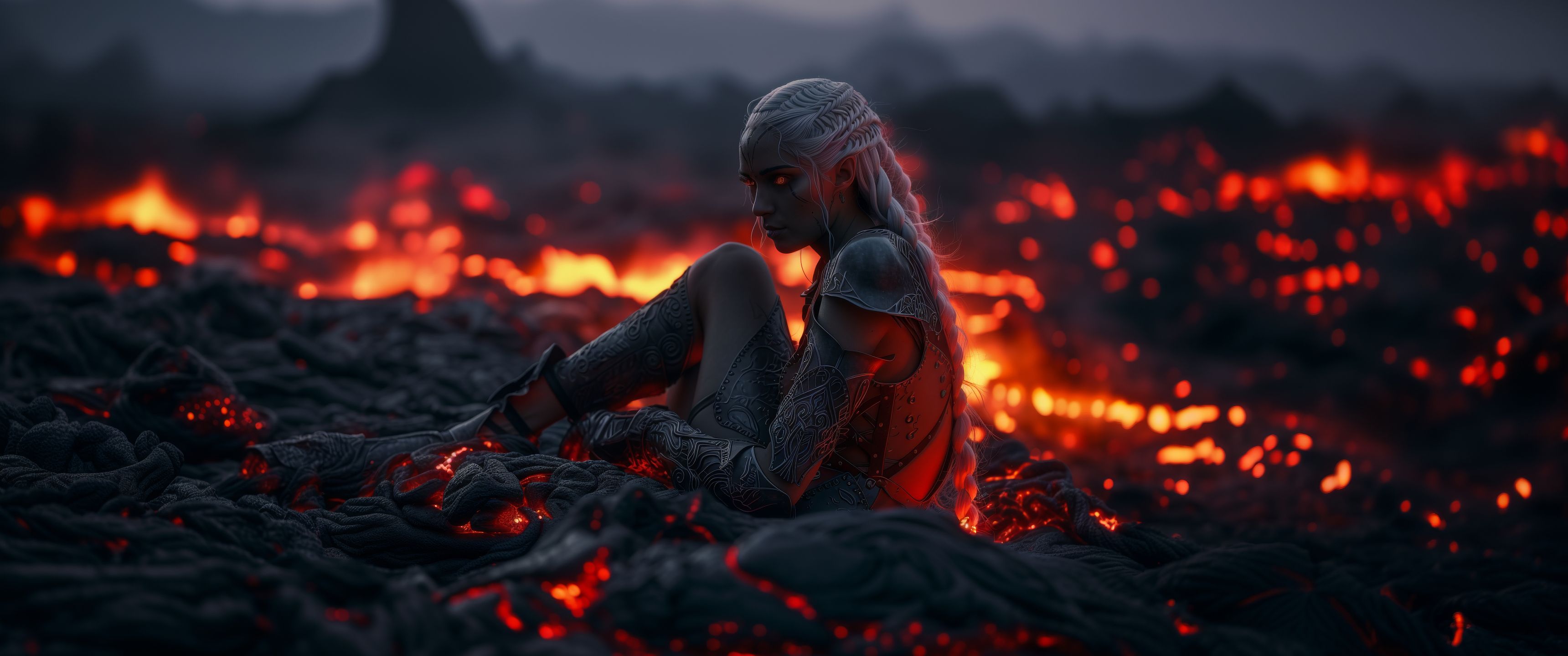 3440x1440 Download AI Art, Girl, Fire, Lava, Game of Thrones Wallpaper in 3440x1440 Resolution