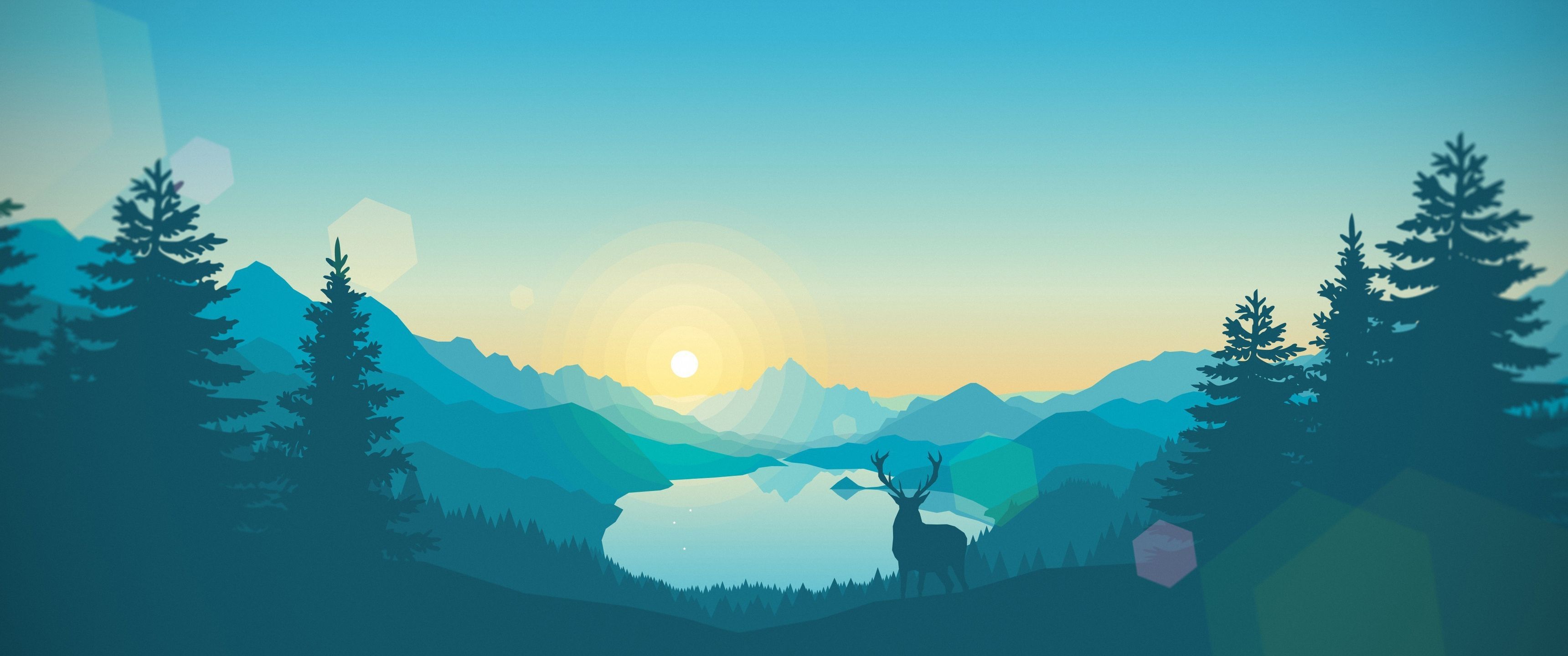 3440x1440 Download Firewatch, Forest, Mountains, Scenery, Nature, Deer, Morning Wallpaper in 3440x1440 Resolution