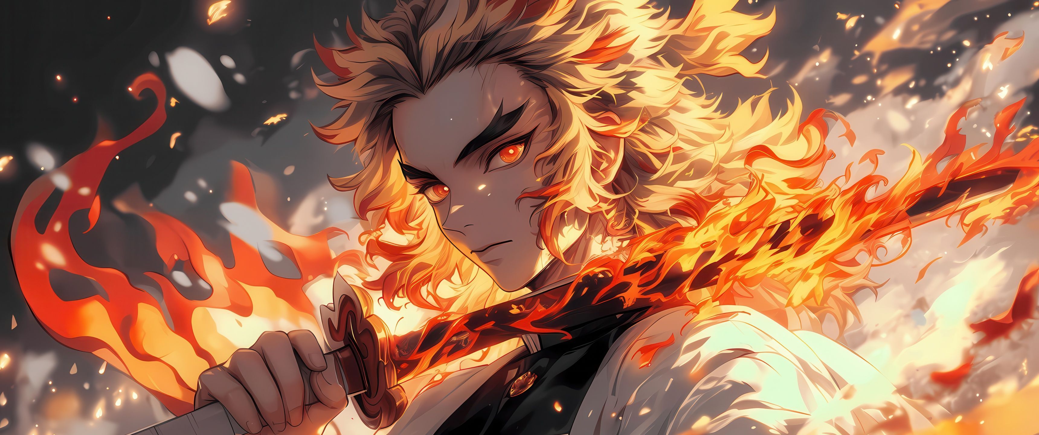 3440x1440 Kyojuro Rengoku Wallpaper 4K, Sword, Fire effect