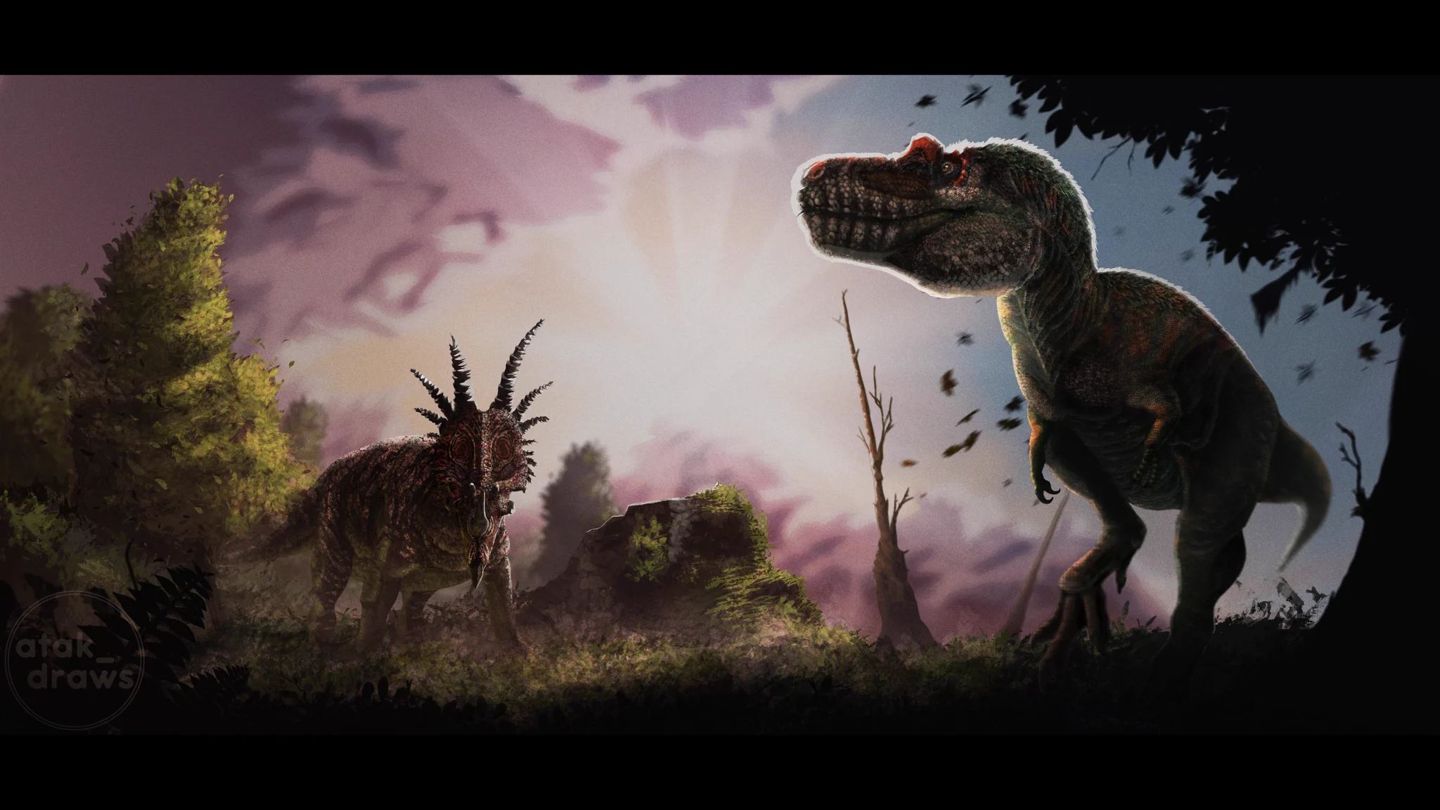 2048x1152 ThePaleoLad on X: Dinosaur Park encounter A lone male Styracosaurus spots a frolicking Gorgosaurus in the Late Cretaceous of North America. #paleoart #art #PaleoAgainstAI / X