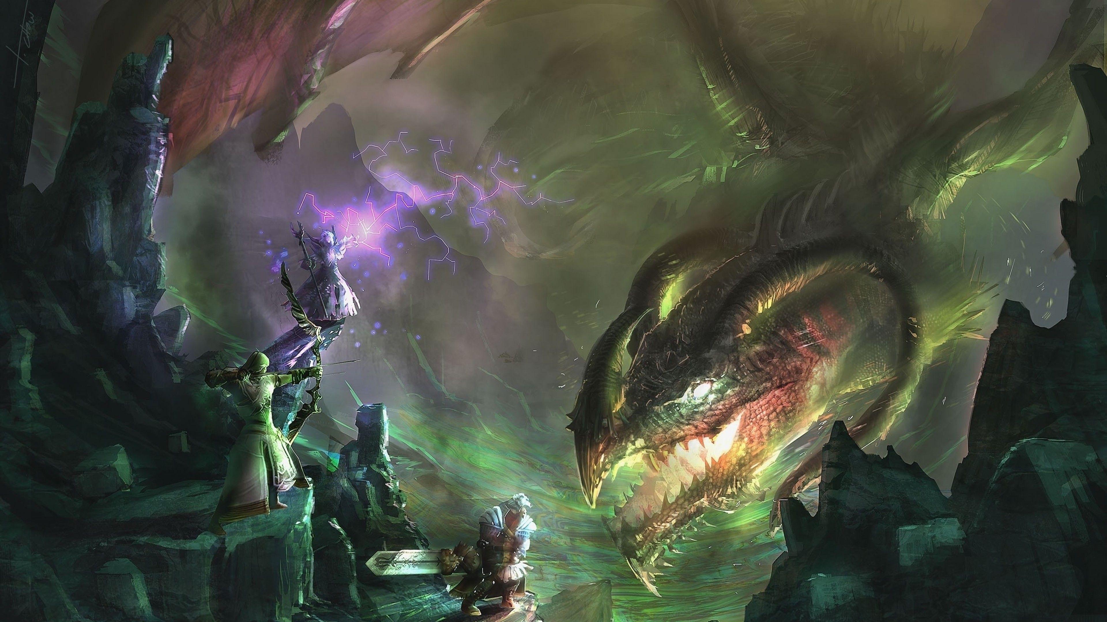 3840x2160 Download 3840x2160 Mage, Archer, Wizard, Dragon, Battlefield, Cave Wallpaper for UHD TV