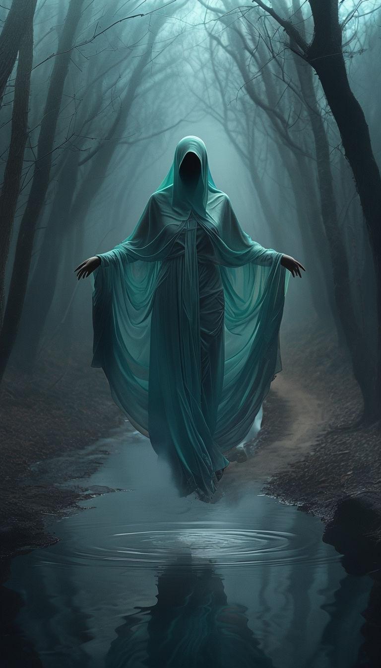 768x1344 Ethereal Spectral Figure in Dark Misty Forest Mobile Wallpaper