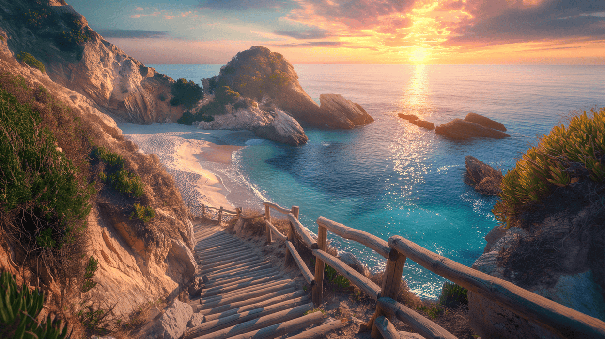1249x700 Landscape wallpaper murals. Wooden stairs and desolate beaches