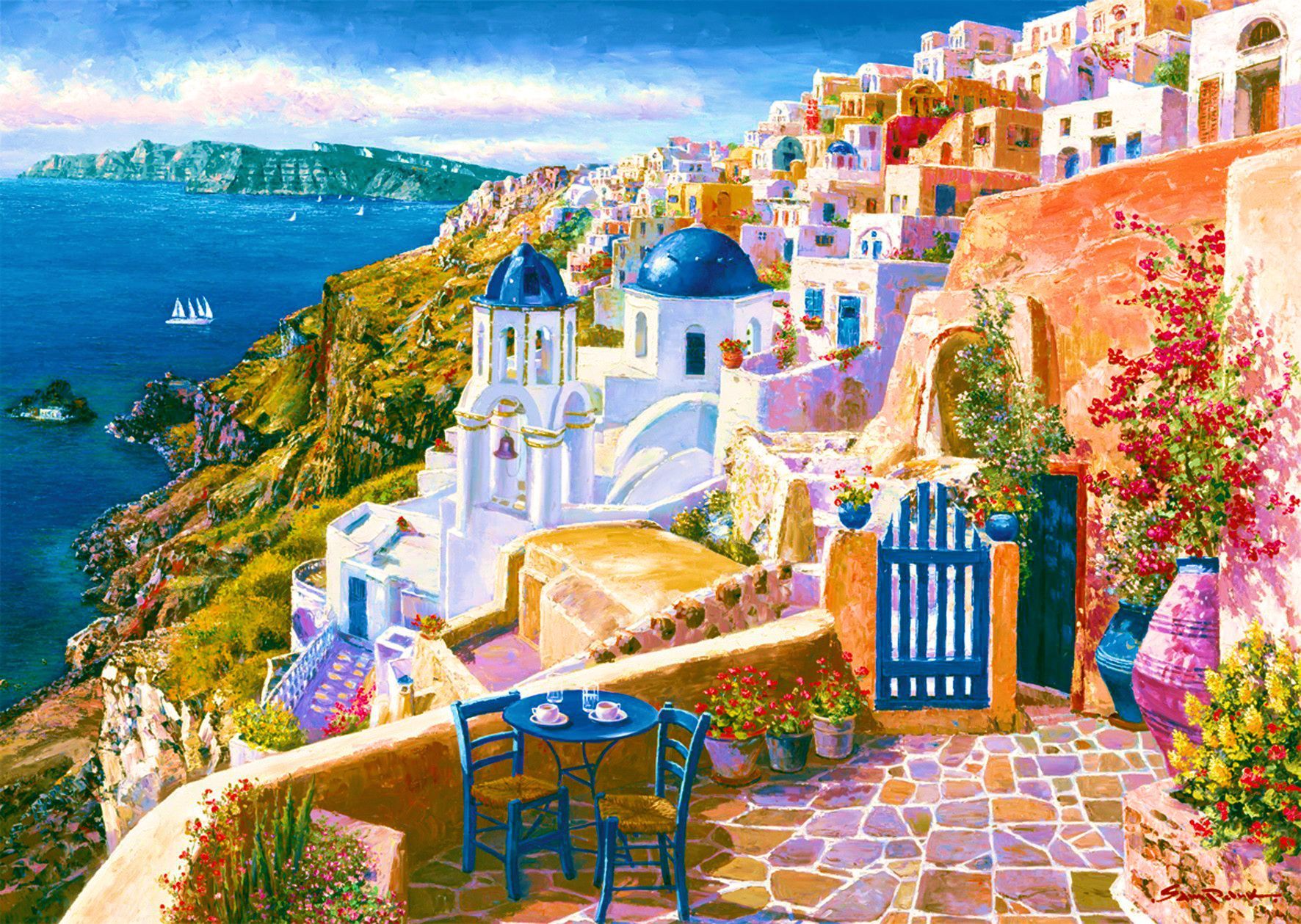 1772x1259 Santorini Serenity: Vibrant Greek Coastal Charm in Artistic HD Paintingx1259