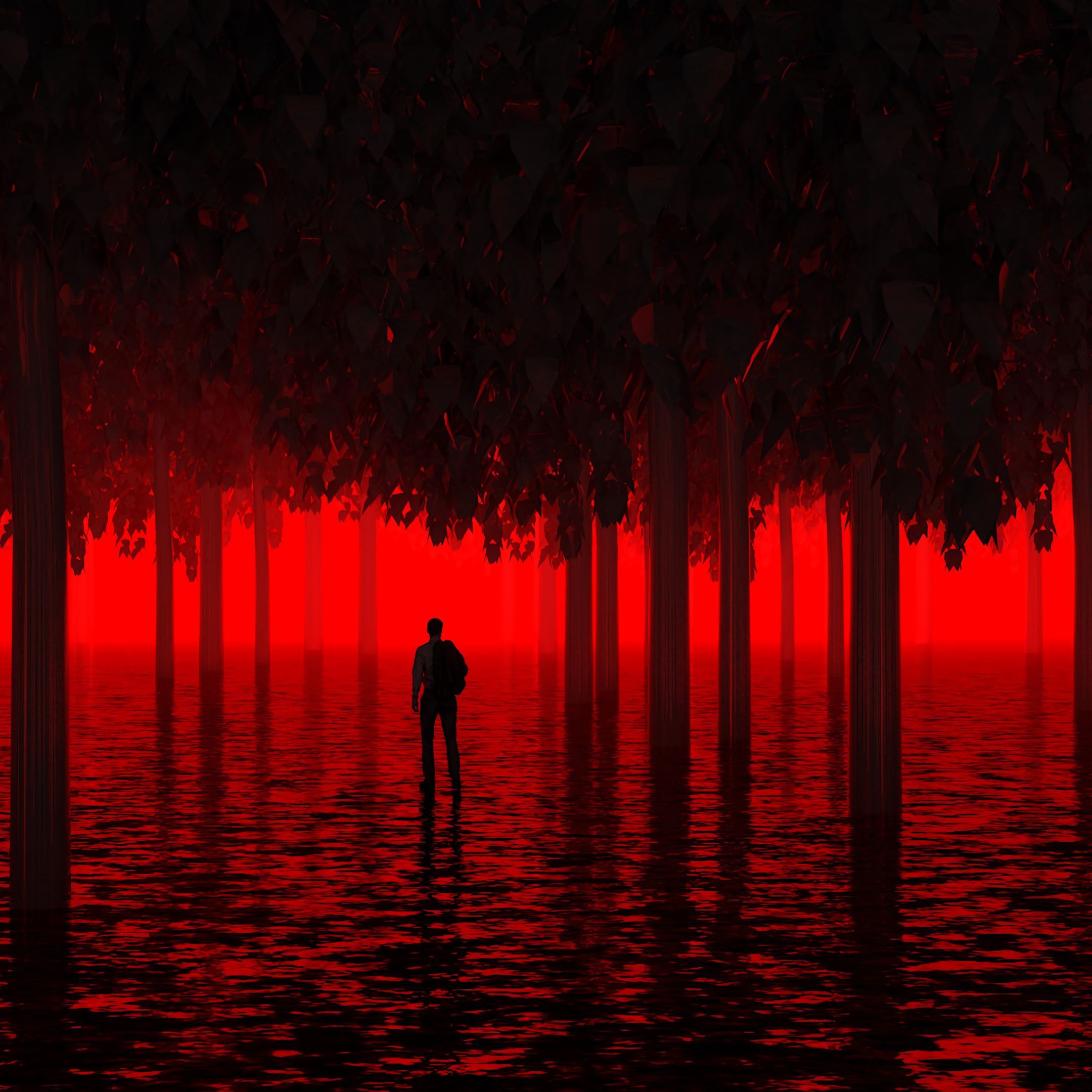 2160x2160 Download wallpaper 2160x2160 water, trees, man, red, neon, light, flooded HD background