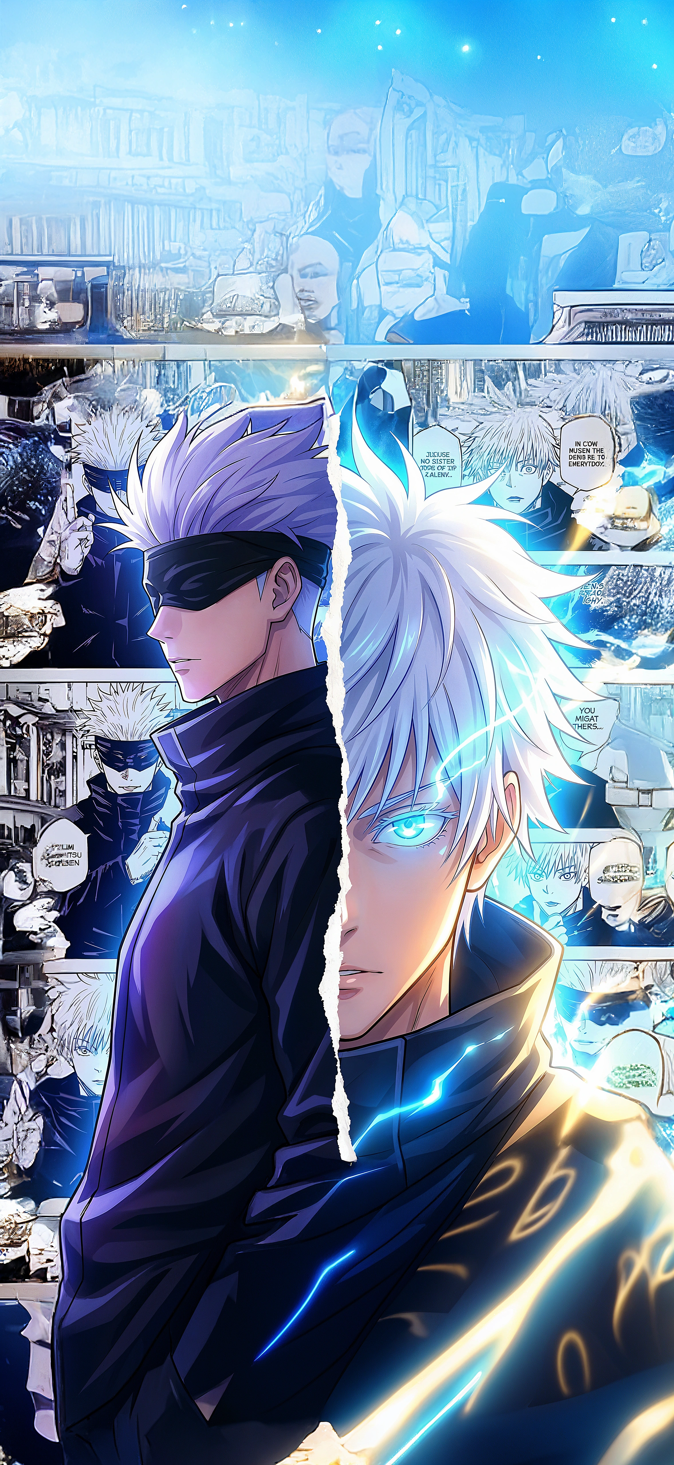 2352x5112 Satoru Gojo Split 4K Wallpaper