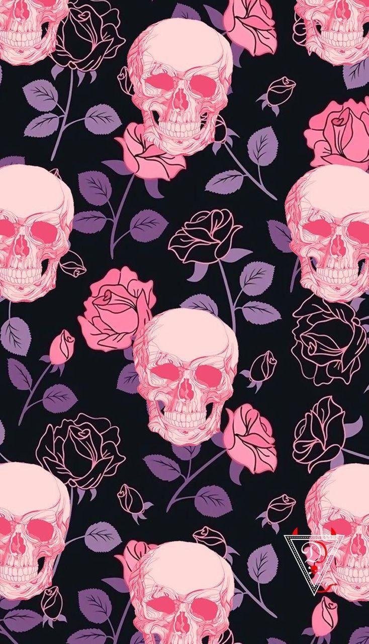 734x1280 skull, wallpaper, roses and pink