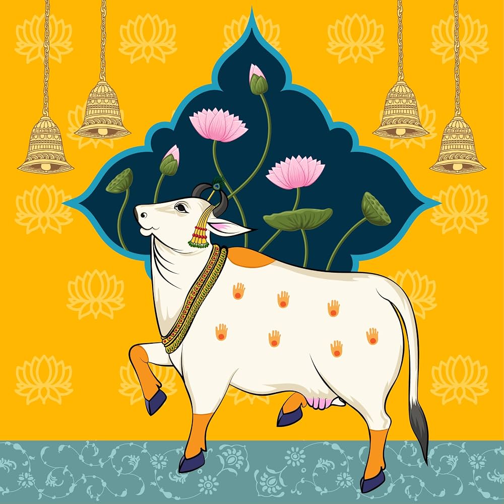 1000x1000 Traditional Kamdhenu Cow & Lotus Wallpaper for Wall Decoration. Indian Spiritual Wall Design