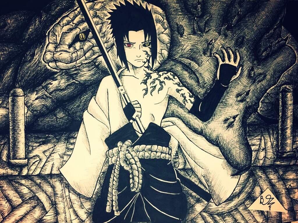 1024x768 Sasuke Uchiha Ink Drawing by me, any feedback would be nice