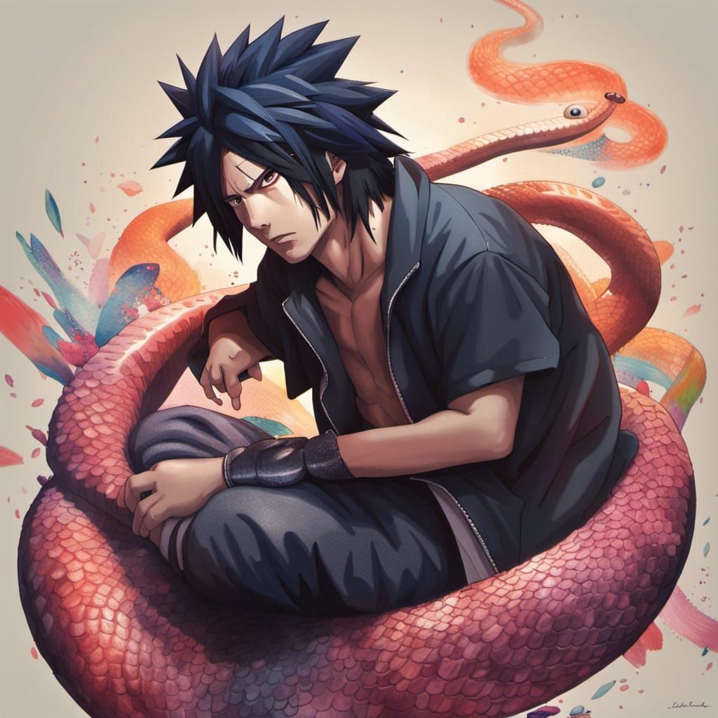 1024x1024 Sasuke Uchiha on Snake: Hyperrealistic Splash Art